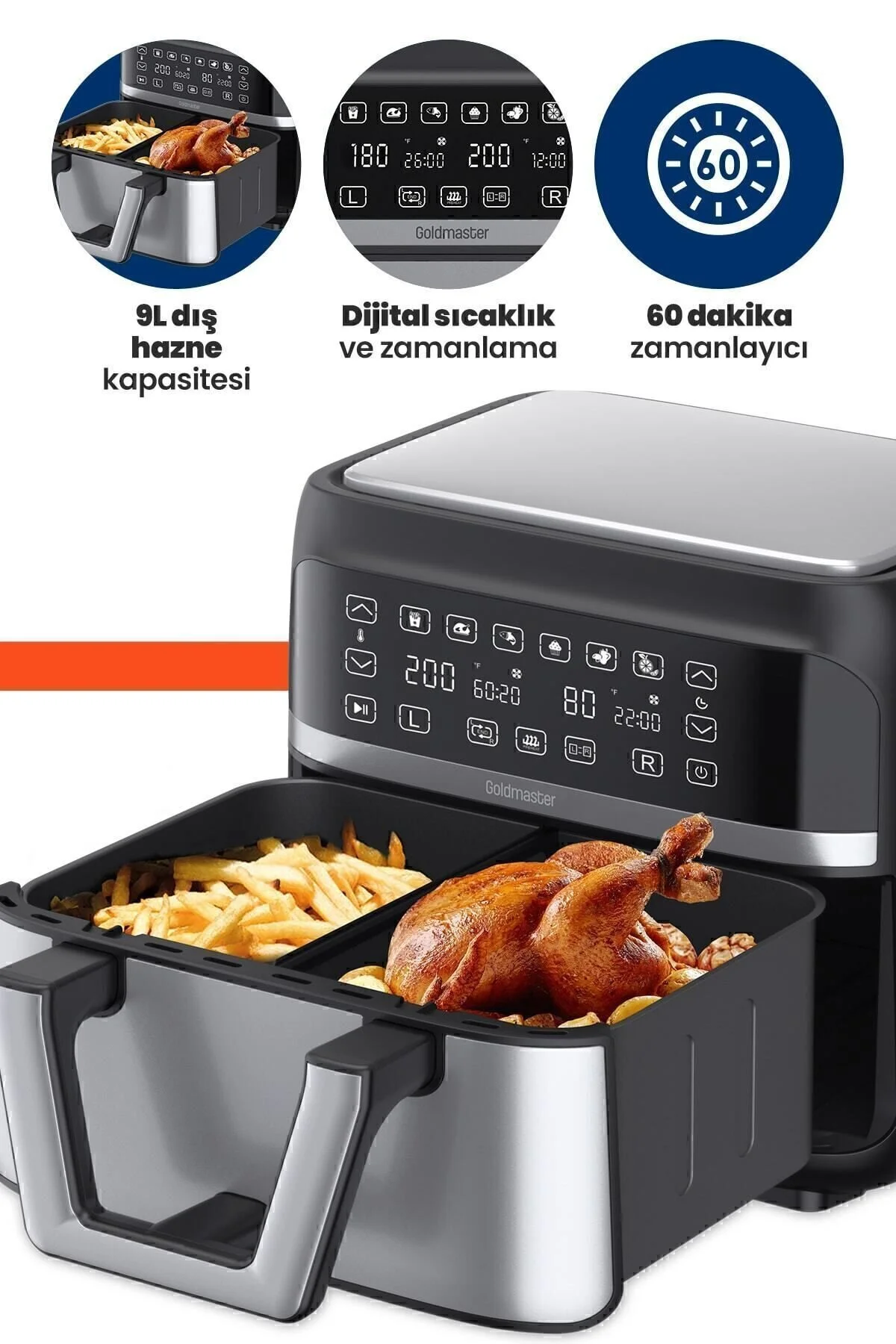 GoldMaster Doublefry 2850w 9 Litre 3xl Dev Tek Ve Çift Hazneli Dokunmatik Airfryer Yağsız Sıcak Hava Fritözü