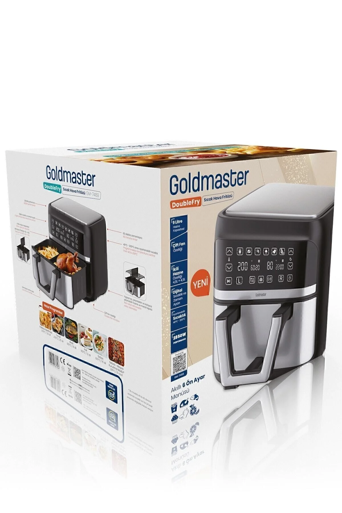 GoldMaster Doublefry 2850w 9 Litre 3xl Dev Tek Ve Çift Hazneli Dokunmatik Airfryer Yağsız Sıcak Hava Fritözü