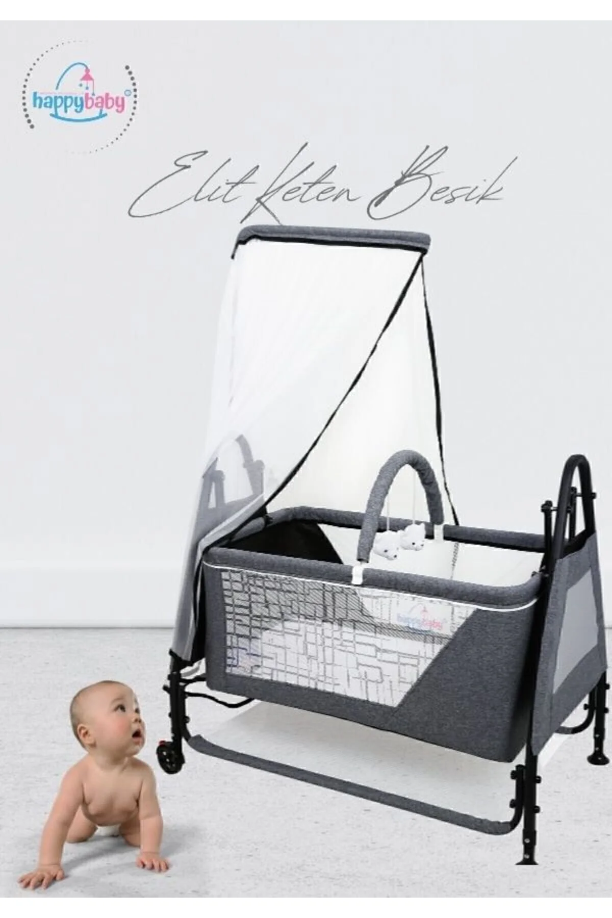 Happy Baby Elit Keten Beşik - Portatif - Sallanabilir - Oyuncaklı - Anne Yanı - Bebek Besik