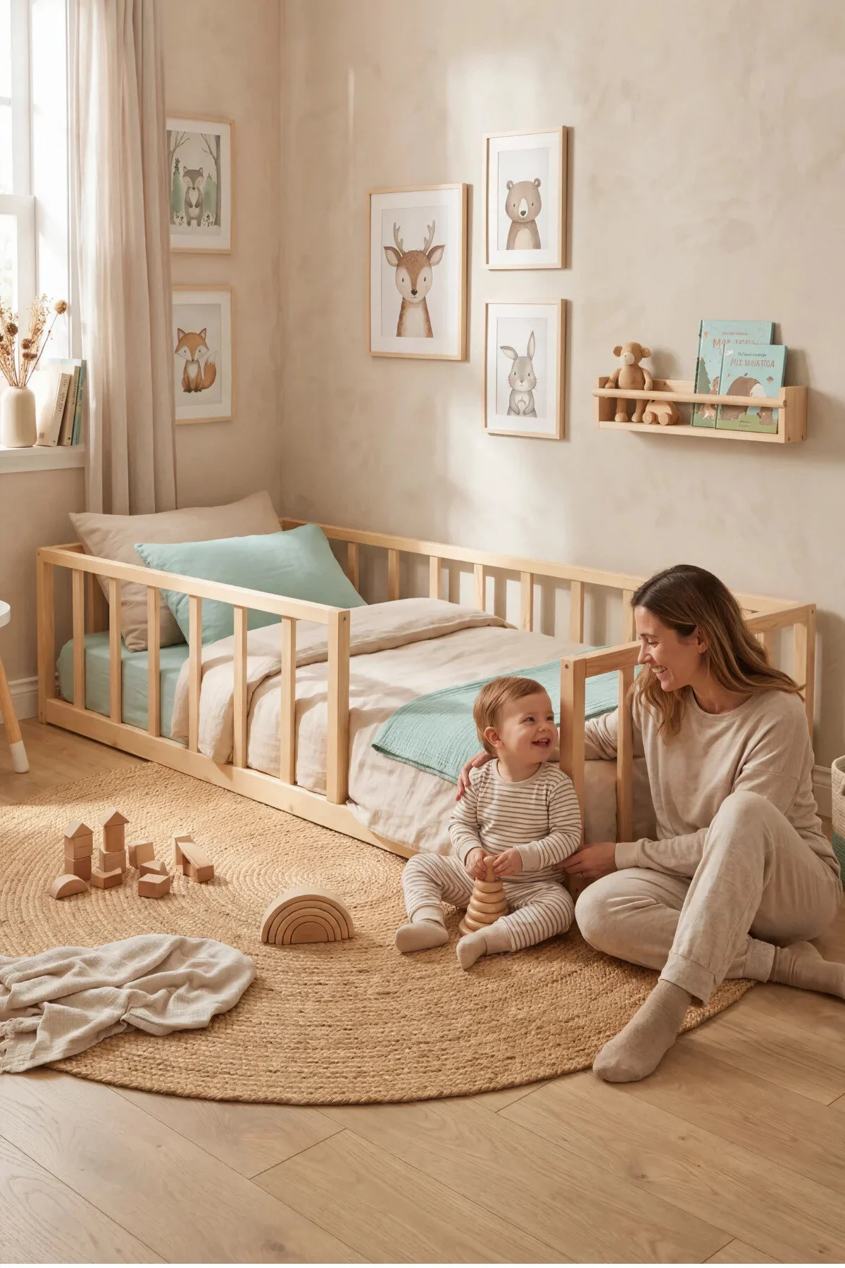 Loolpi Home Luna Montessori Bebek ve Çocuk Karyolası Doğal Ahşap Yatak Ayaksız