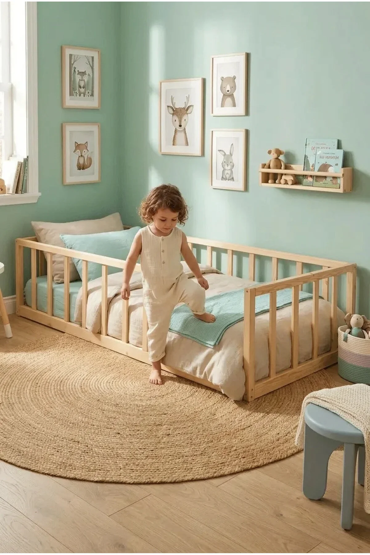 Loolpi Home Luna Montessori Bebek ve Çocuk Karyolası Doğal Ahşap Yatak Ayaksız