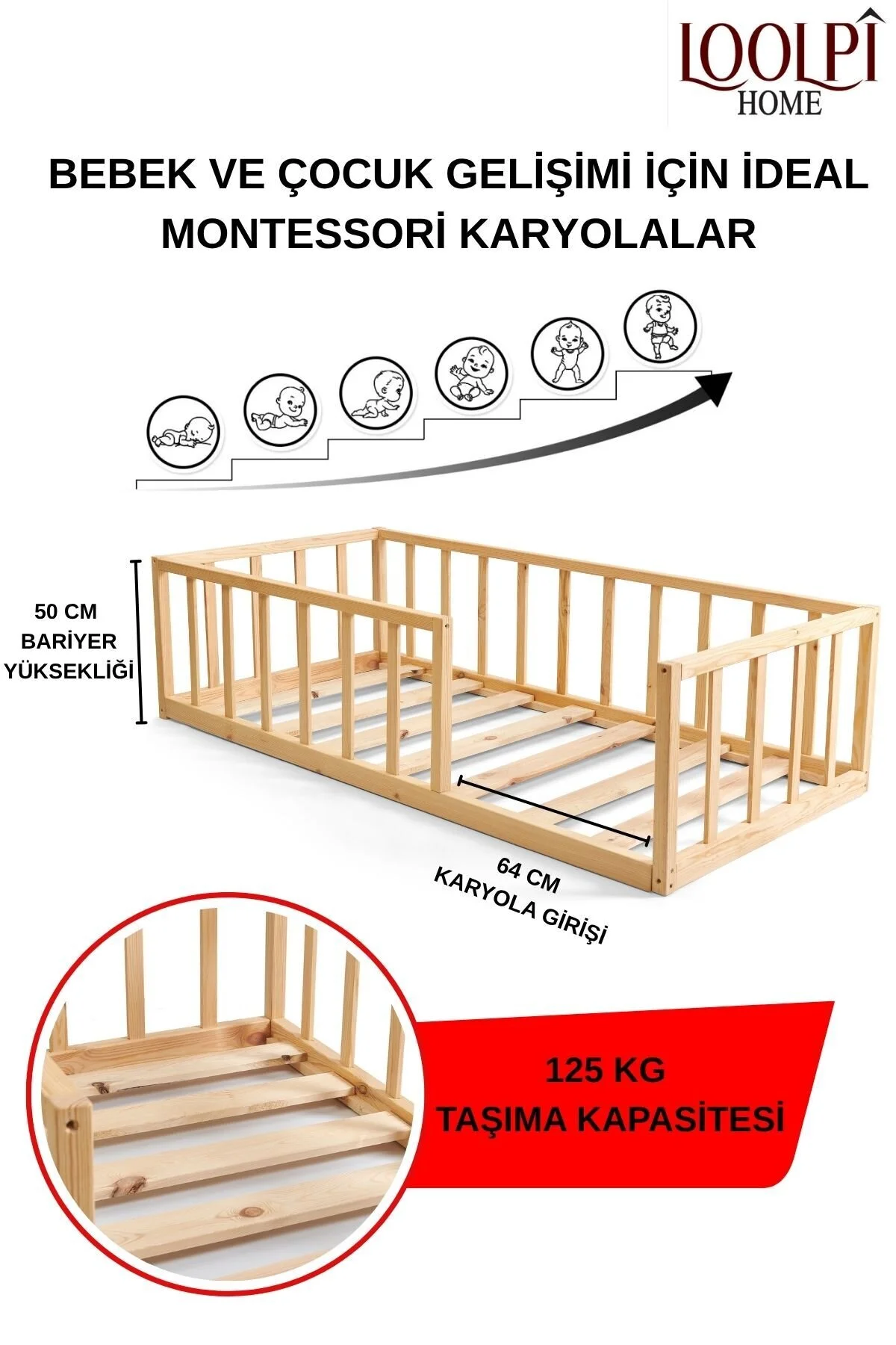 Loolpi Home Luna Montessori Bebek ve Çocuk Karyolası Doğal Ahşap Yatak Ayaksız