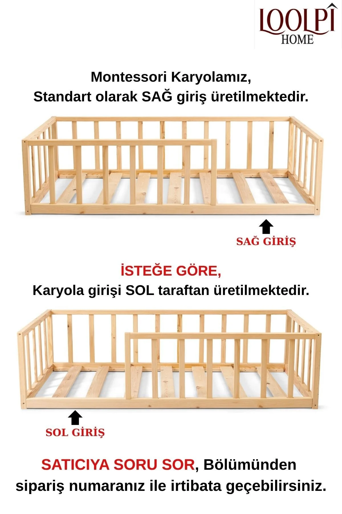 Loolpi Home Luna Montessori Bebek ve Çocuk Karyolası Doğal Ahşap Yatak Ayaksız