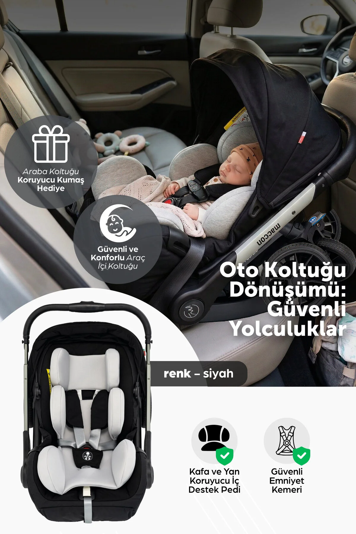 maccon Serena 4 in 1; Ana Kucağı & Oto Koltuğa Dönüşen Çift Yönlü Bebek Arabası