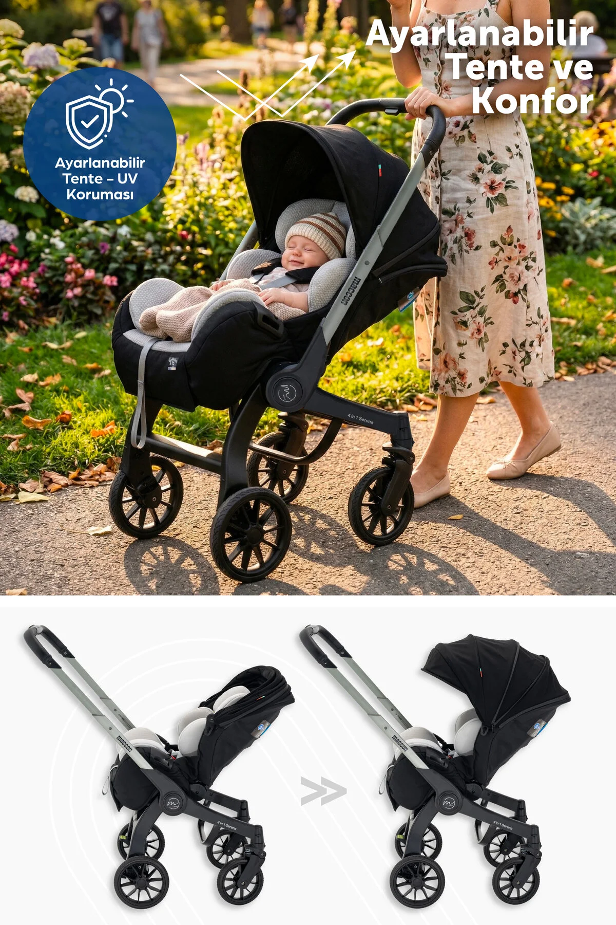 maccon Serena 4 in 1; Ana Kucağı & Oto Koltuğa Dönüşen Çift Yönlü Bebek Arabası