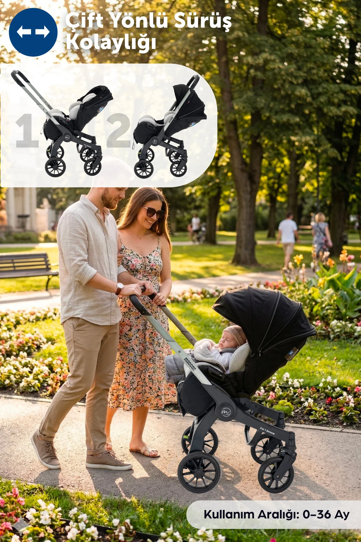maccon Serena 4 in 1; Ana Kucağı & Oto Koltuğa Dönüşen Çift Yönlü Bebek Arabası