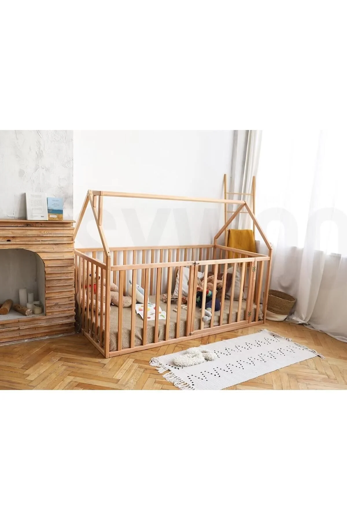OPPİPO 75 Cm Korkuluklu Ahşap Montessori Karyola - Masif Ahşap Karyola - Opmont05-75