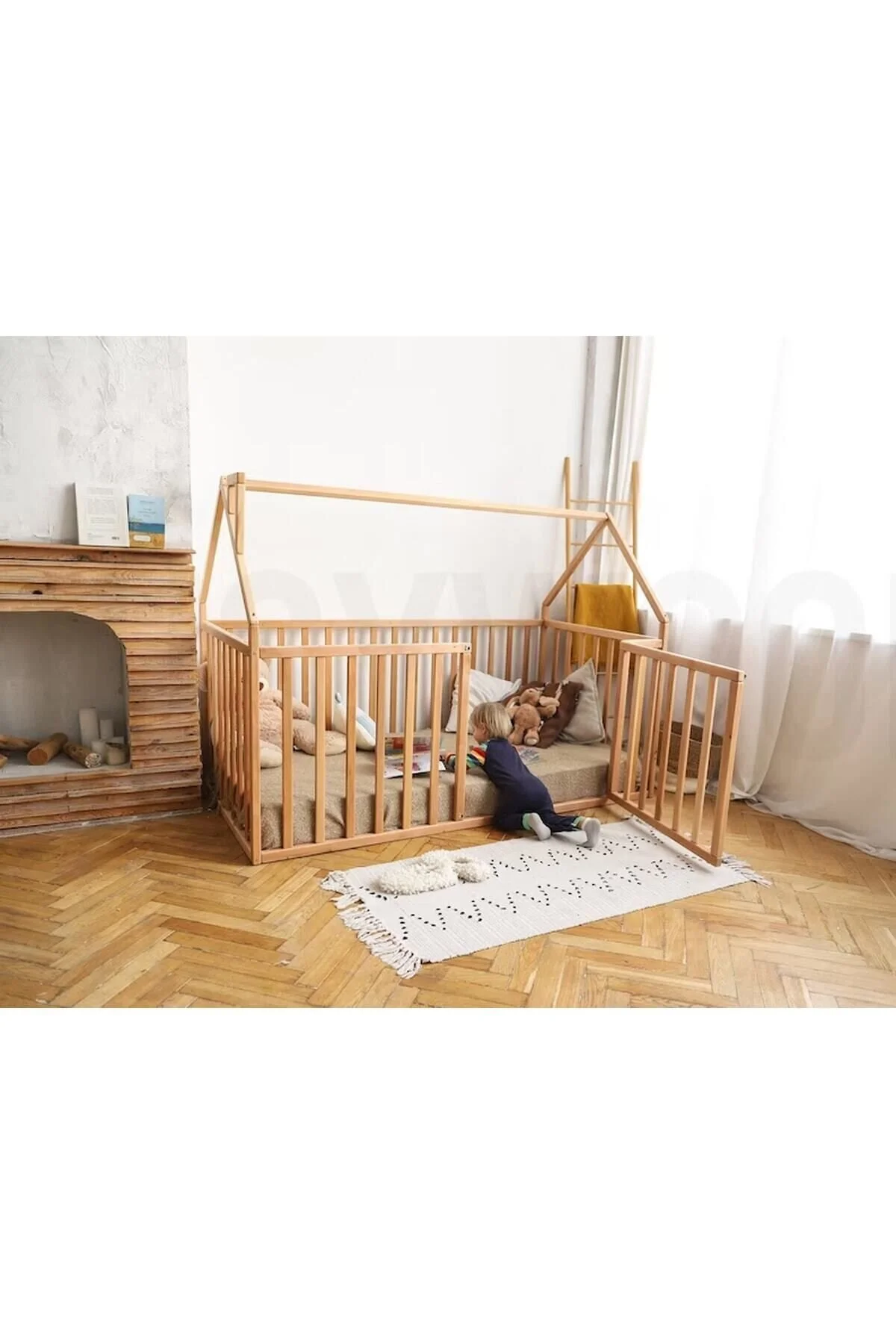 OPPİPO 75 Cm Korkuluklu Ahşap Montessori Karyola - Masif Ahşap Karyola - Opmont05-75