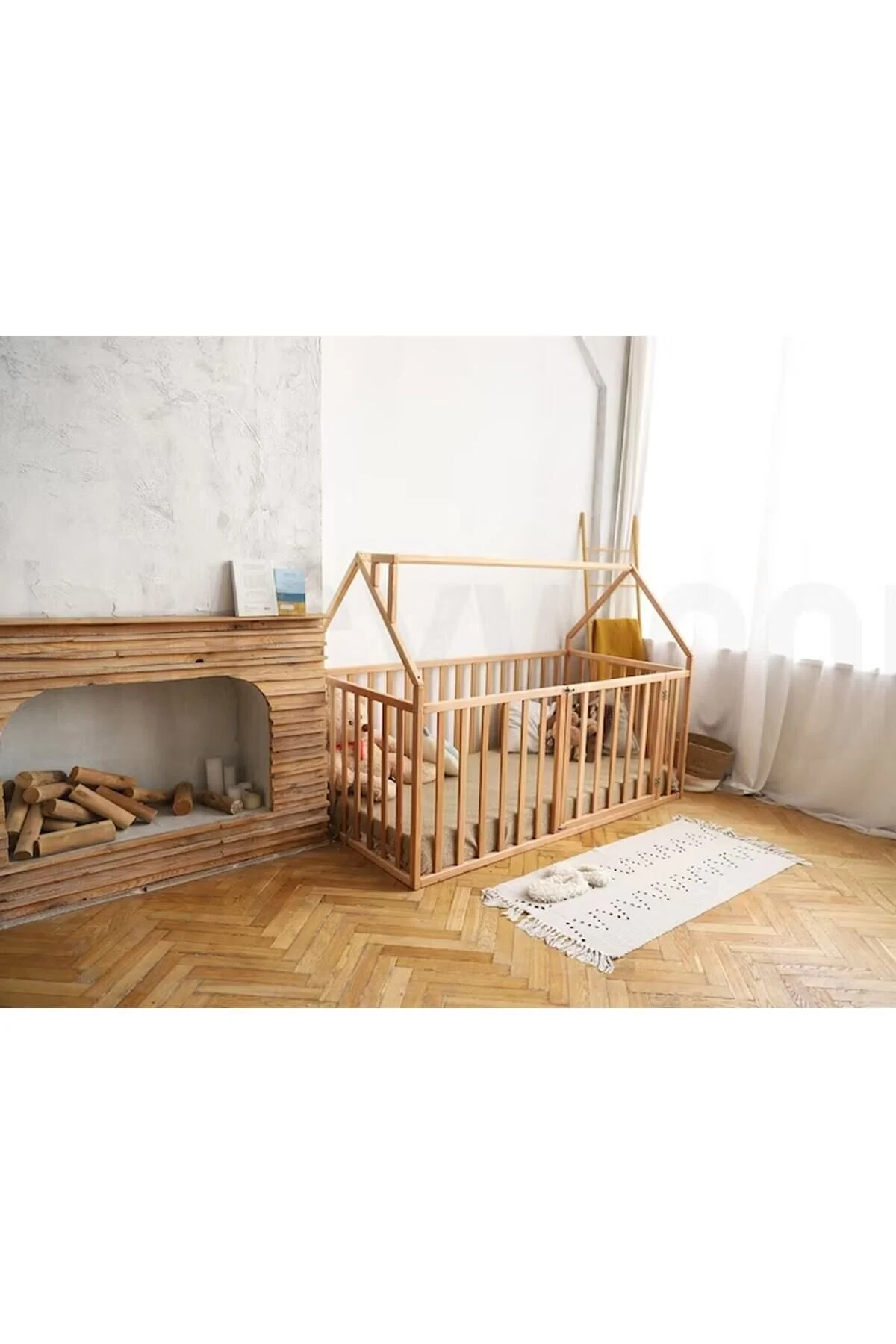 OPPİPO 75 Cm Korkuluklu Ahşap Montessori Karyola - Masif Ahşap Karyola - Opmont05-75
