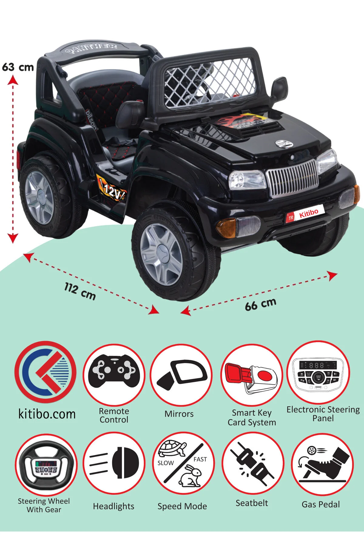 PİLSAN Panther Akülü Araba Siyah 12V – Uzaktan Kumandalı Çocuk Akülü Jeep