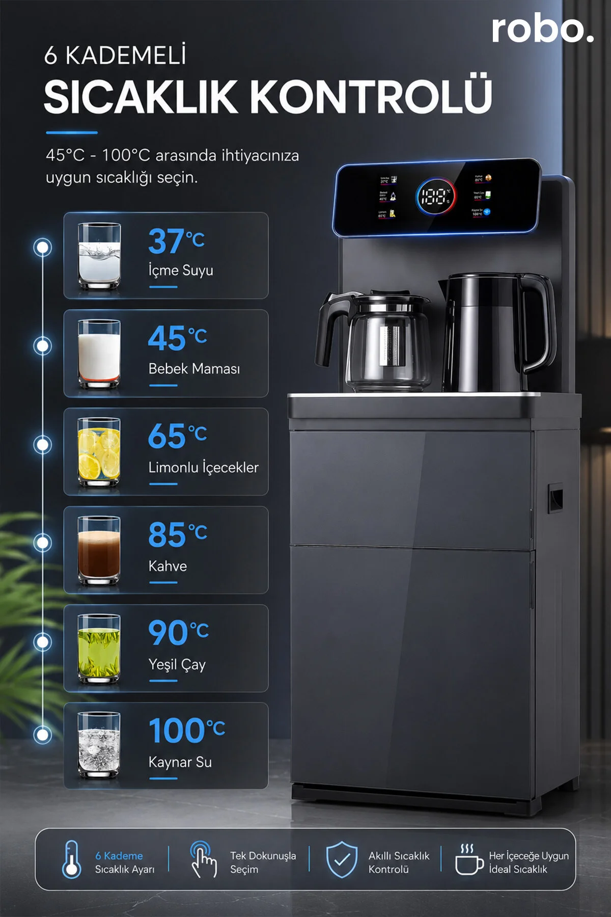 ROBO Akıllı Sıcak Soğuk Su Sebili Çay Kahve İstasyonlu Gizli Damacanalı