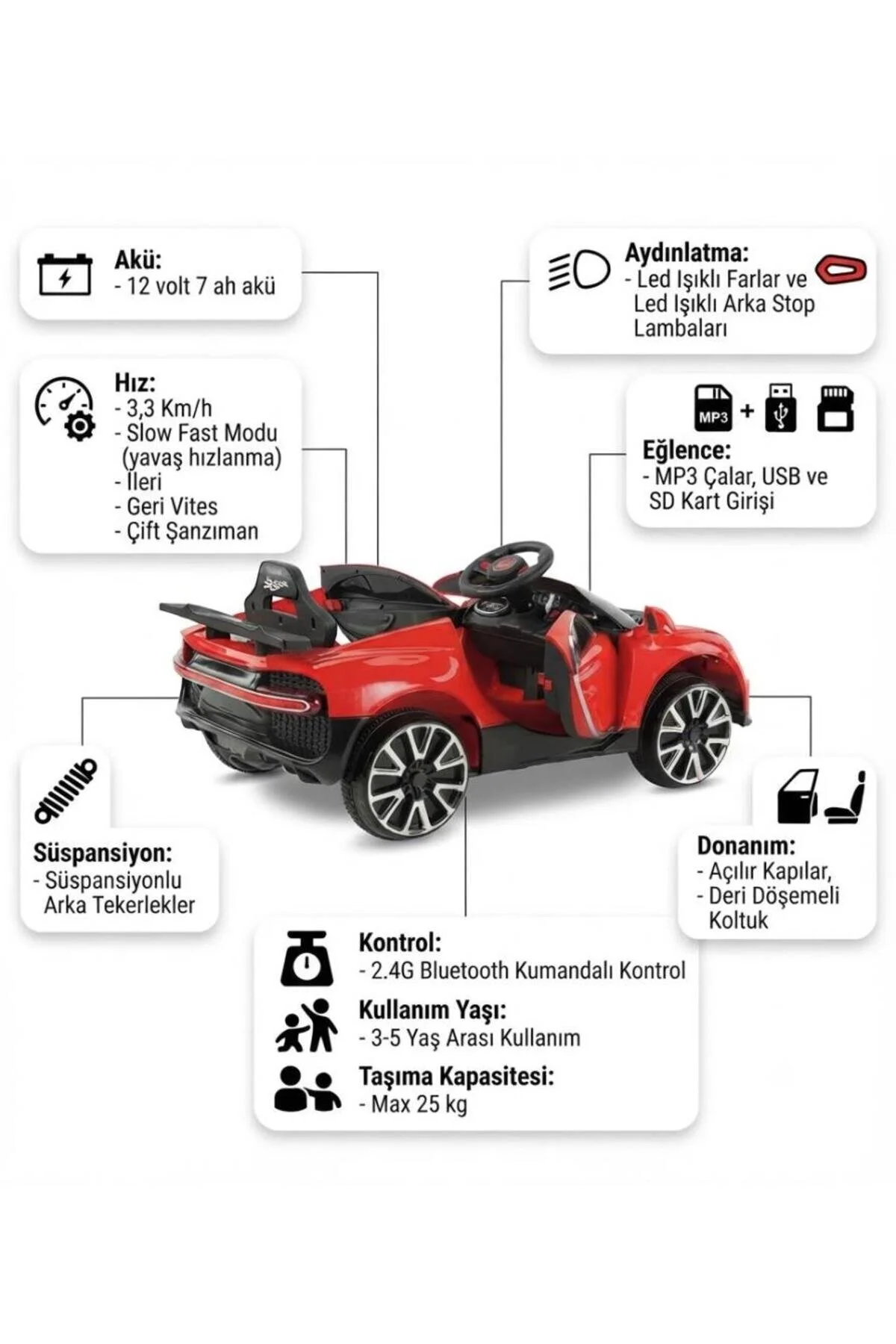 Tıfıl Toys 440 Bugo Drive Deri Koltuklu Kumandalı ve Süspansiyonlu Akülü Araba 12 Volt Kırmızı