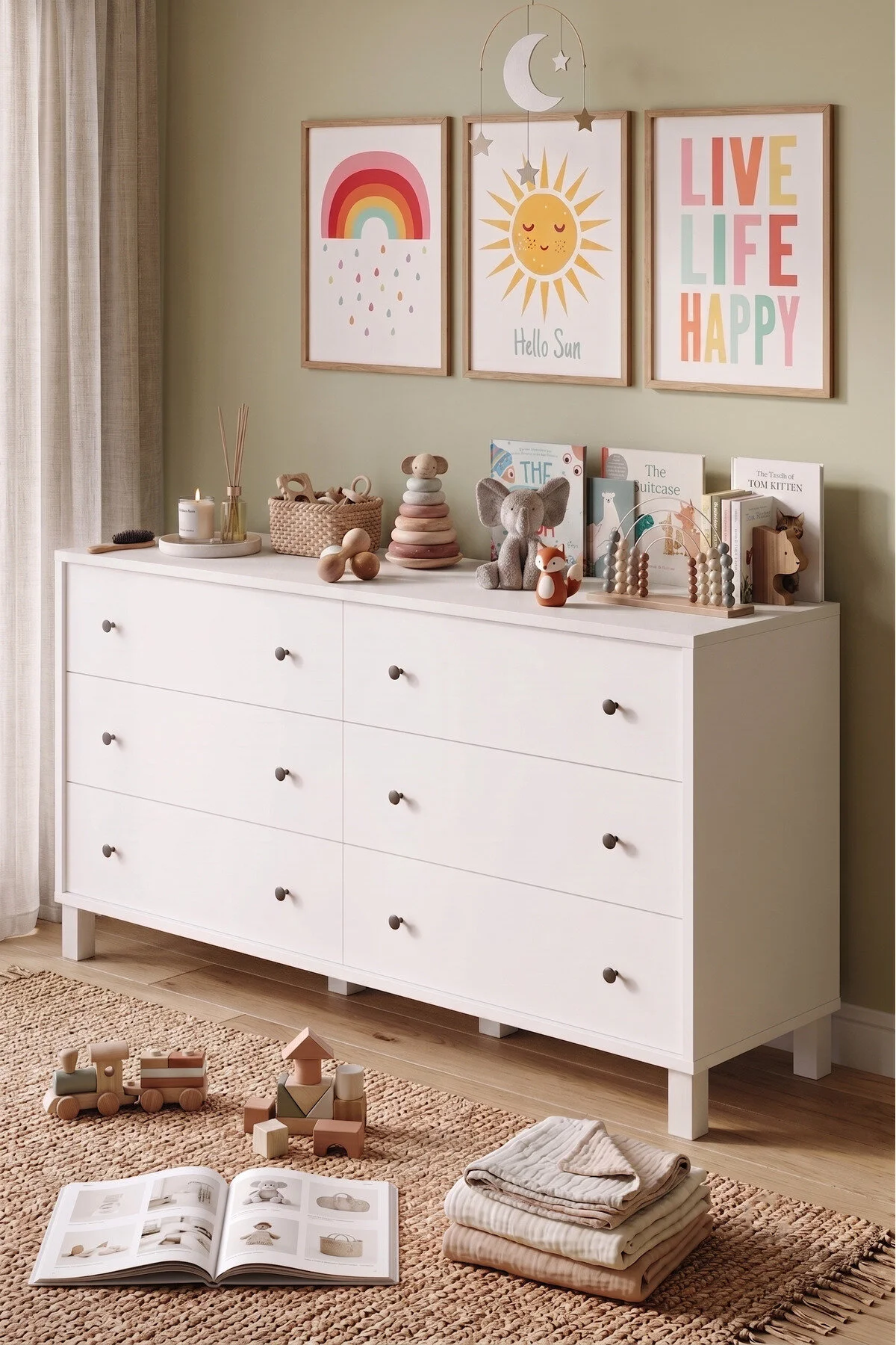 Yurudesign Noren Geniş Şifonyer 6 Çekmeceli Ahşap Ayaklı Bebek ve Çocuk Odası Beyaz NR2-W