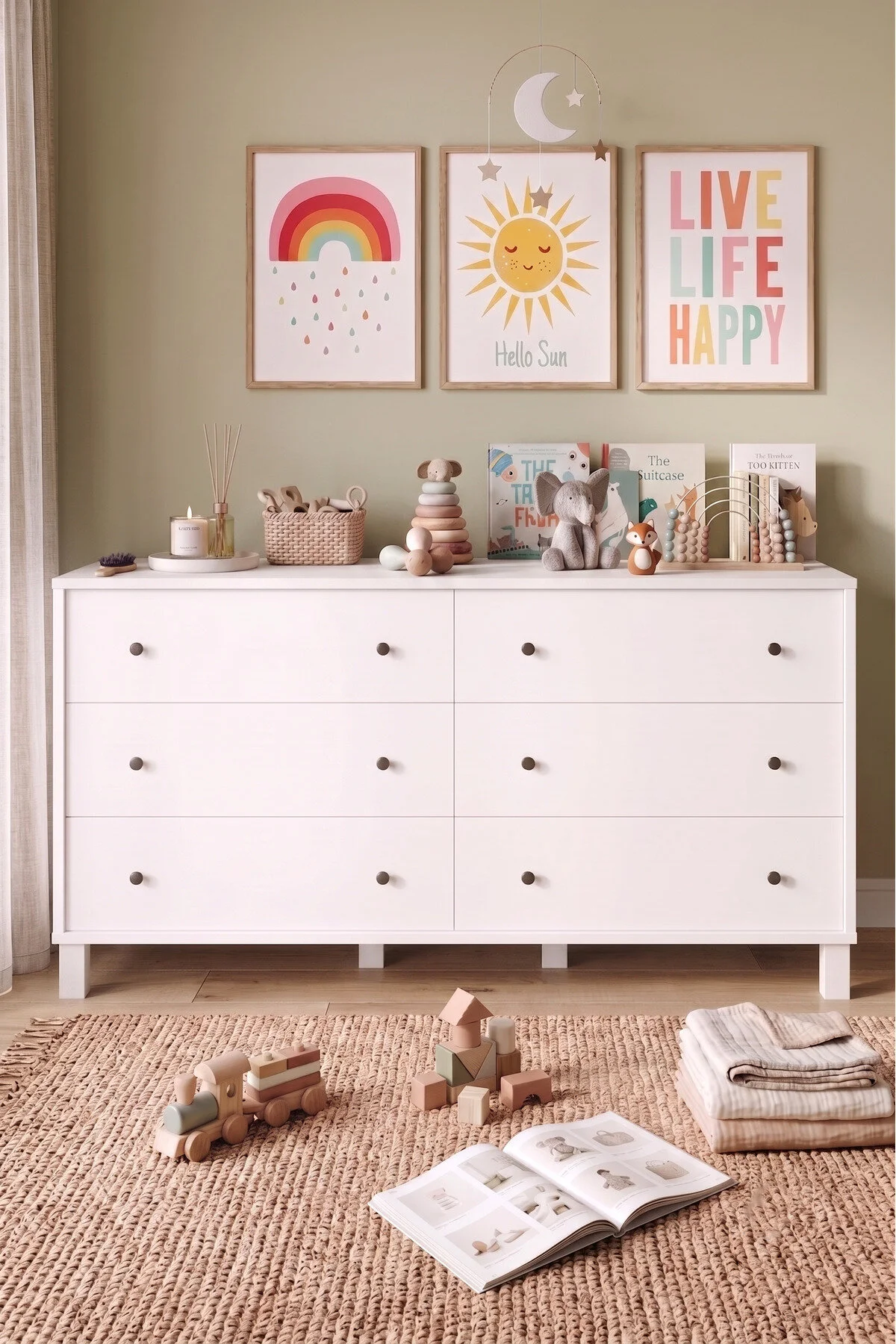 Yurudesign Noren Geniş Şifonyer 6 Çekmeceli Ahşap Ayaklı Bebek ve Çocuk Odası Beyaz NR2-W