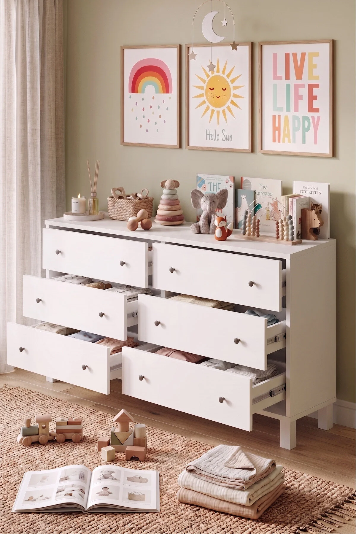Yurudesign Noren Geniş Şifonyer 6 Çekmeceli Ahşap Ayaklı Bebek ve Çocuk Odası Beyaz NR2-W
