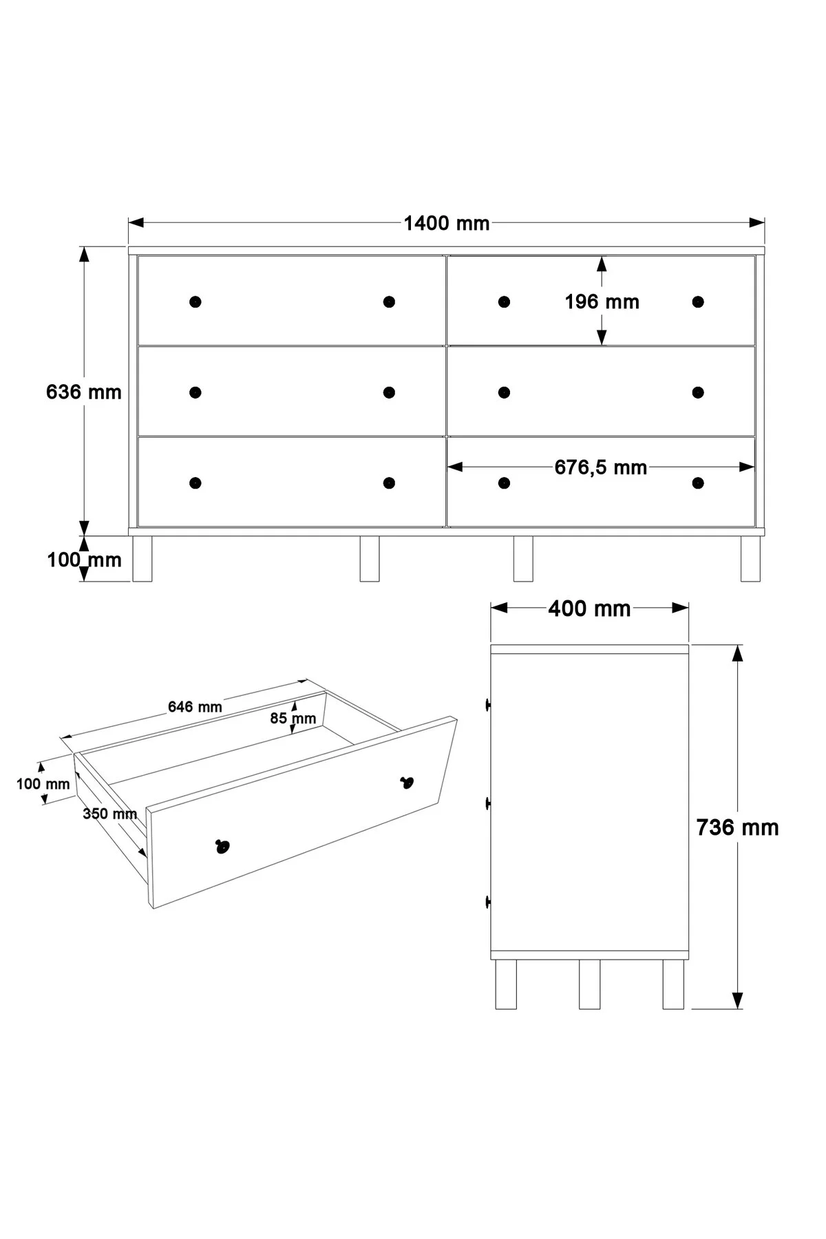 Yurudesign Noren Geniş Şifonyer 6 Çekmeceli Ahşap Ayaklı Bebek ve Çocuk Odası Beyaz NR2-W