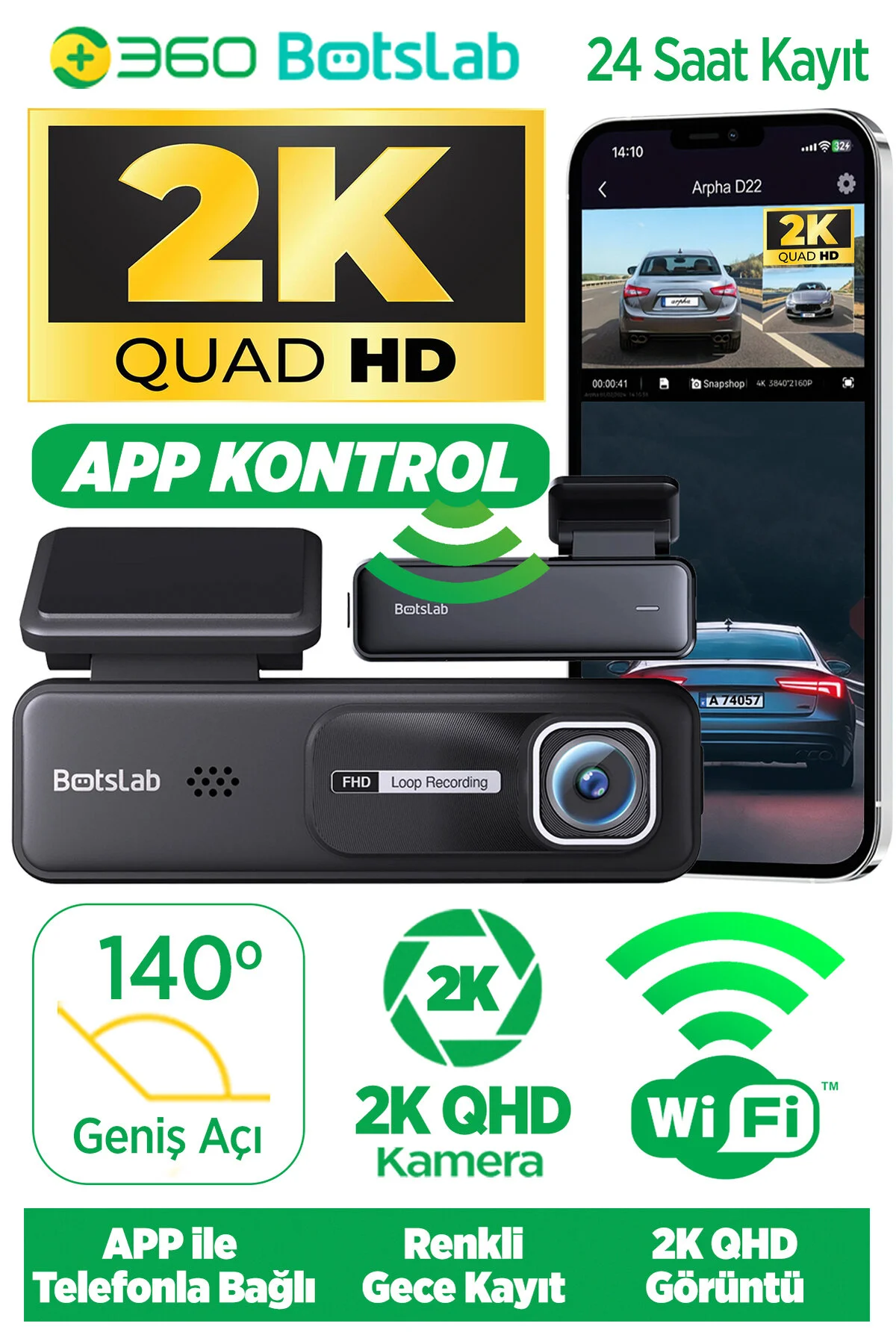 +360 Botslab Hk30 Pro 2k Qhd Wifi 140° Geniş Açı Gece Görüşlü Akıllı Araç Içi Kamera