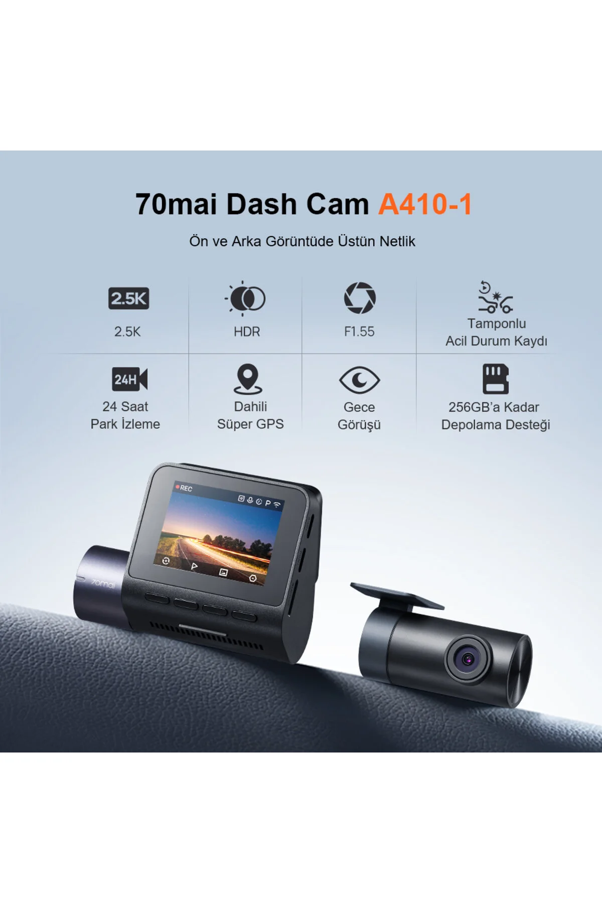 70MAİ Araç Kamerası A410 Ön Kamera+ RC21 Arka Kamera Set 2.5K + 1080P Çift Kamera