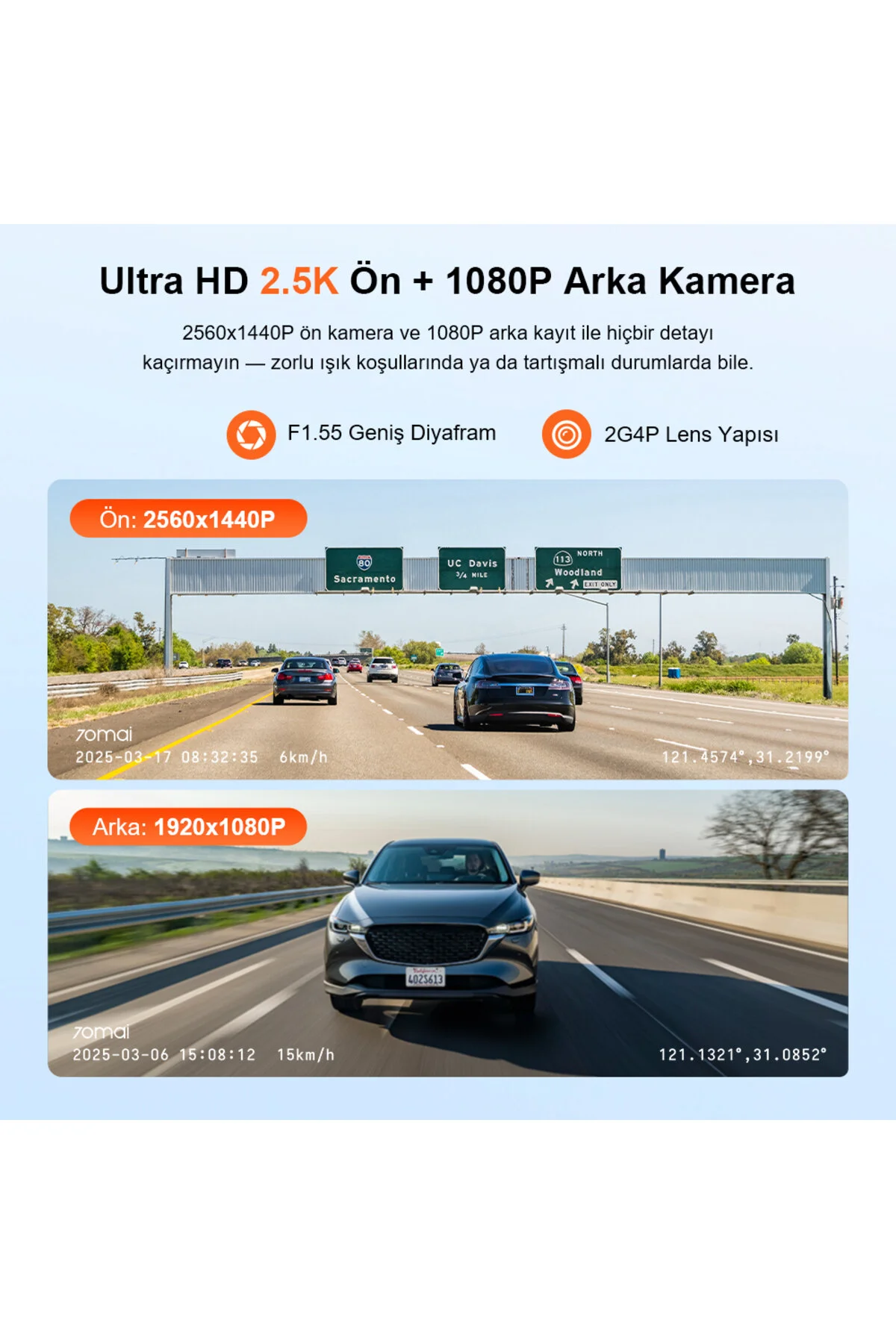 70MAİ Araç Kamerası A410 Ön Kamera+ RC21 Arka Kamera Set 2.5K + 1080P Çift Kamera