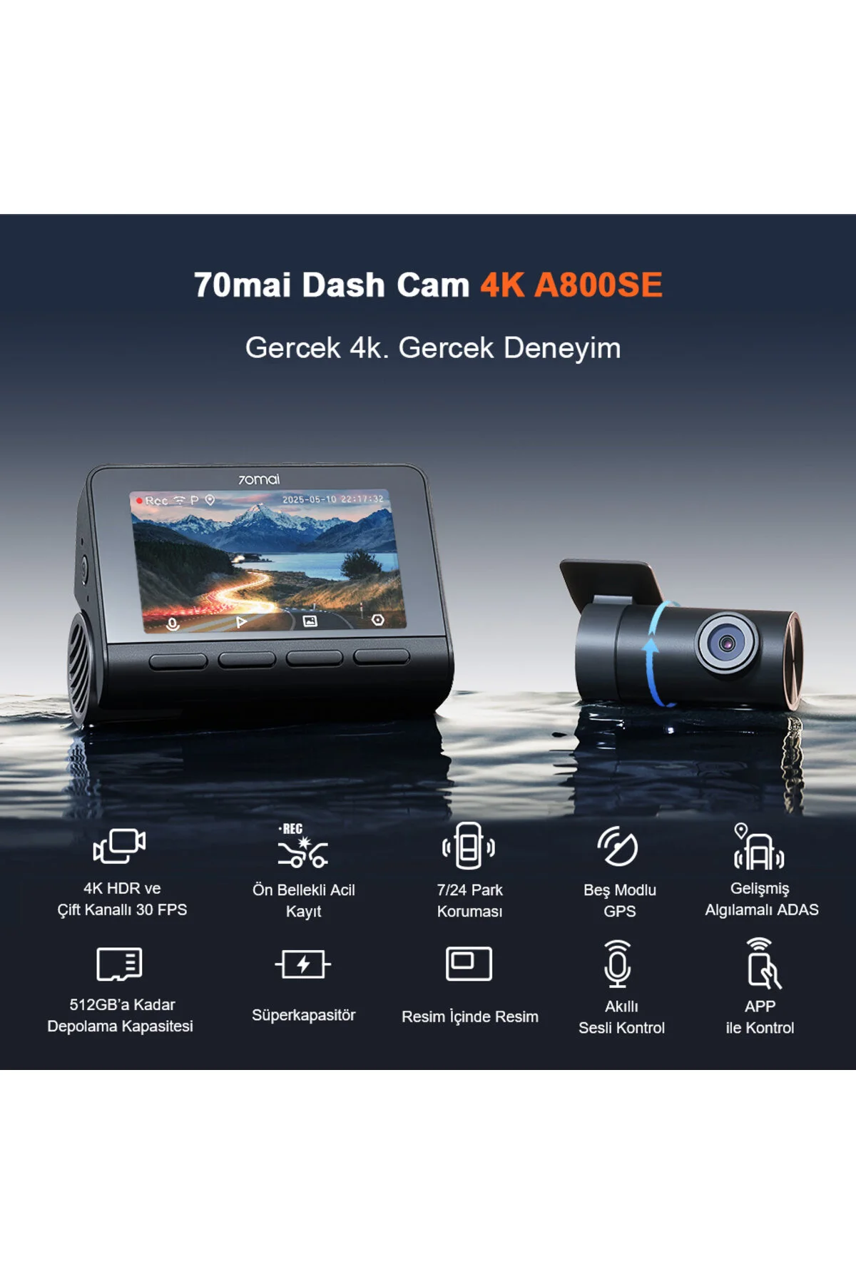 70MAİ Araç Kamerası A800SE Ön Kamera + RC22 Arka Kamera Set 4K Ultra HD, Ön Bellekli Acil Kayıt