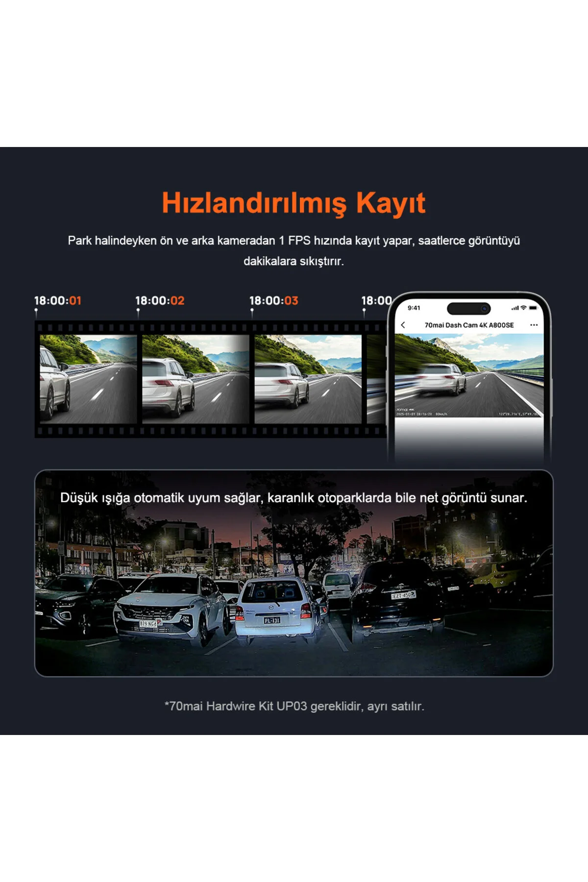 70MAİ Araç Kamerası A800SE Ön Kamera + RC22 Arka Kamera Set 4K Ultra HD, Ön Bellekli Acil Kayıt