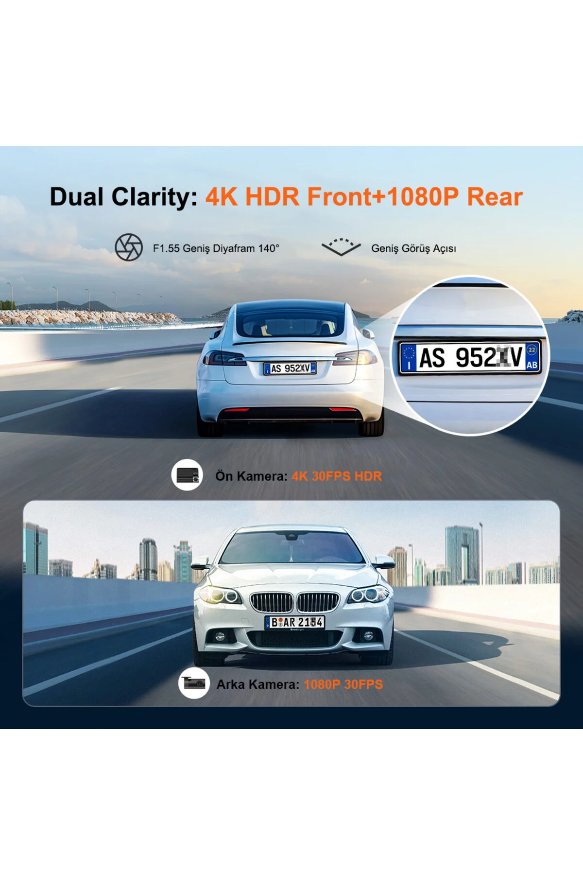 70MAİ Araç Kamerası A800SE Ön Kamera + RC22 Arka Kamera Set 4K Ultra HD, Ön Bellekli Acil Kayıt