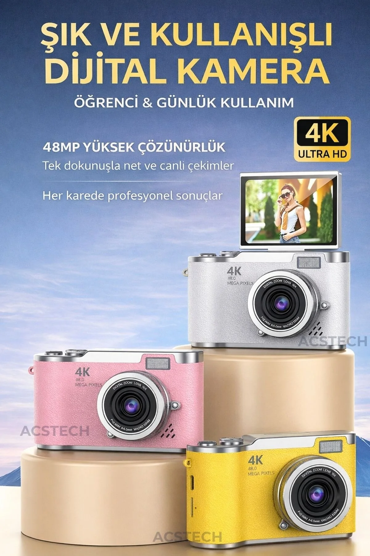 ACSTECH 4K Dijital Fotoğraf Makinesi 48MP Flip Ekran 18X Zoom Flaşlı 64GB Hediyeli Türkçe Menü