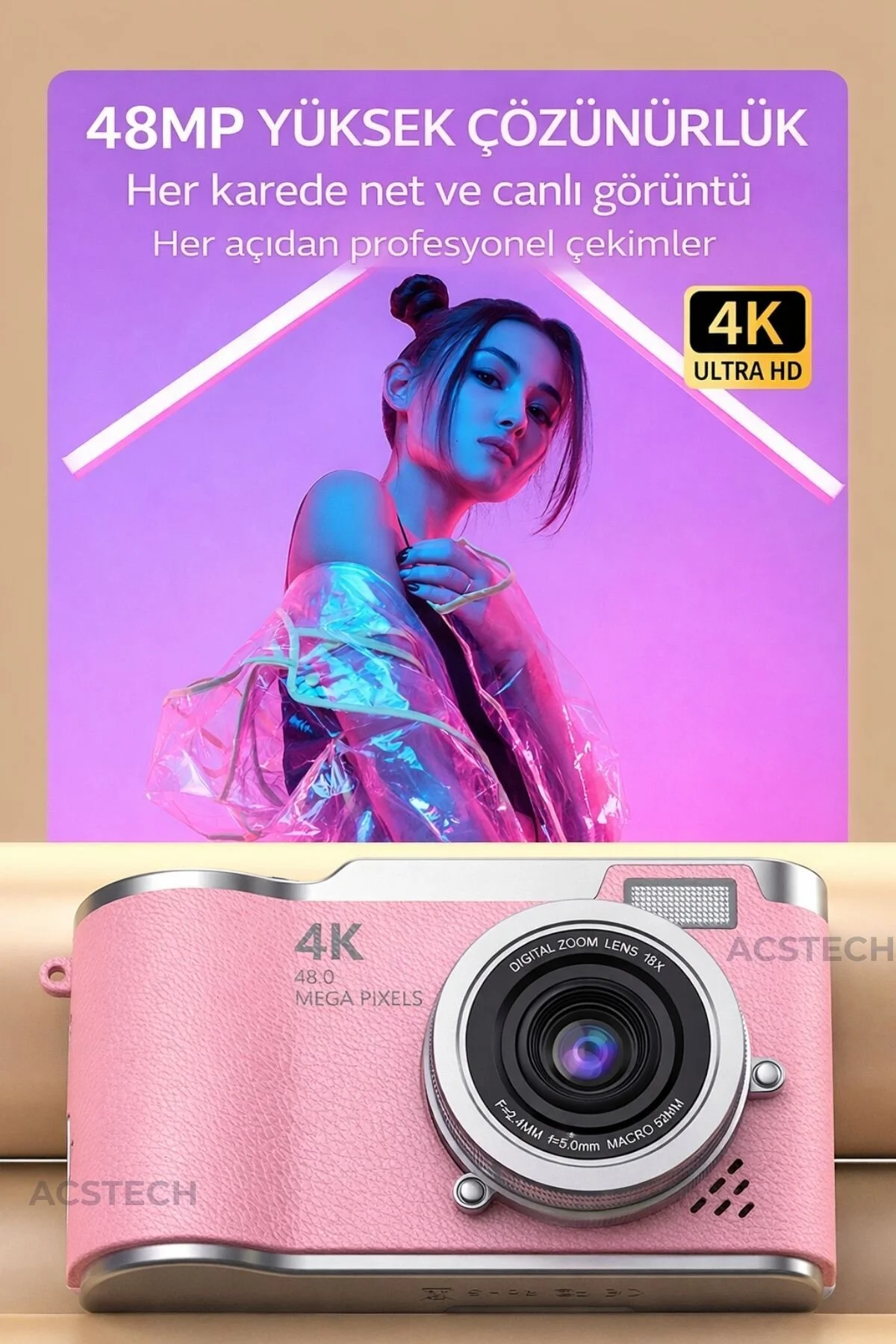 ACSTECH 4K Dijital Fotoğraf Makinesi 48MP Flip Ekran 18X Zoom Flaşlı 64GB Hediyeli Türkçe Menü