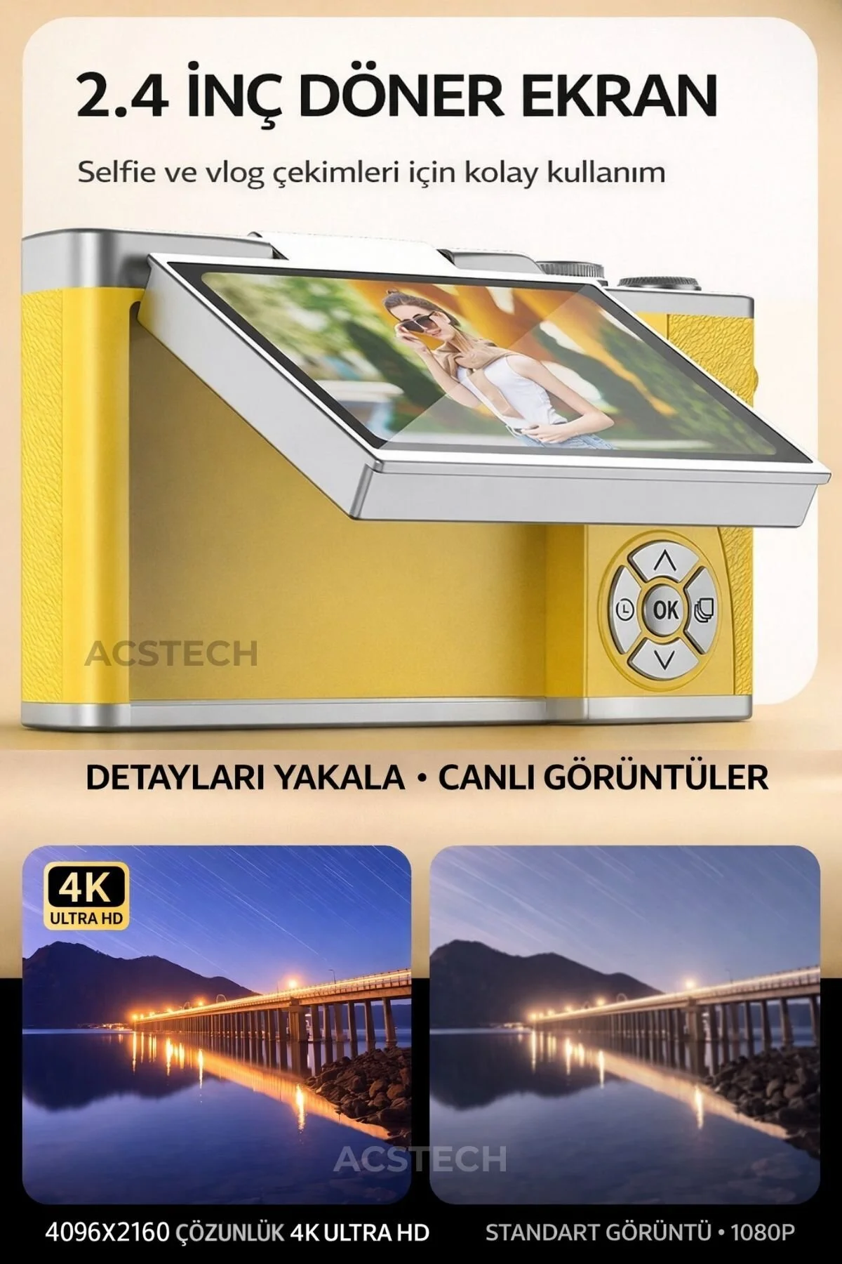 ACSTECH 4K Dijital Fotoğraf Makinesi 48MP Flip Ekran 18X Zoom Flaşlı 64GB Hediyeli Türkçe Menü