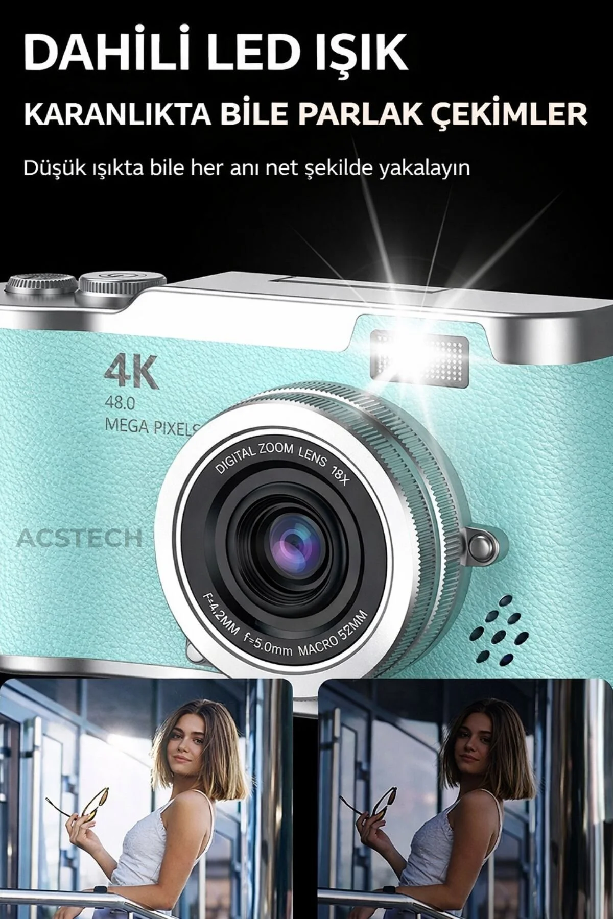 ACSTECH 4K Dijital Fotoğraf Makinesi 48MP Flip Ekran 18X Zoom Flaşlı 64GB Hediyeli Türkçe Menü