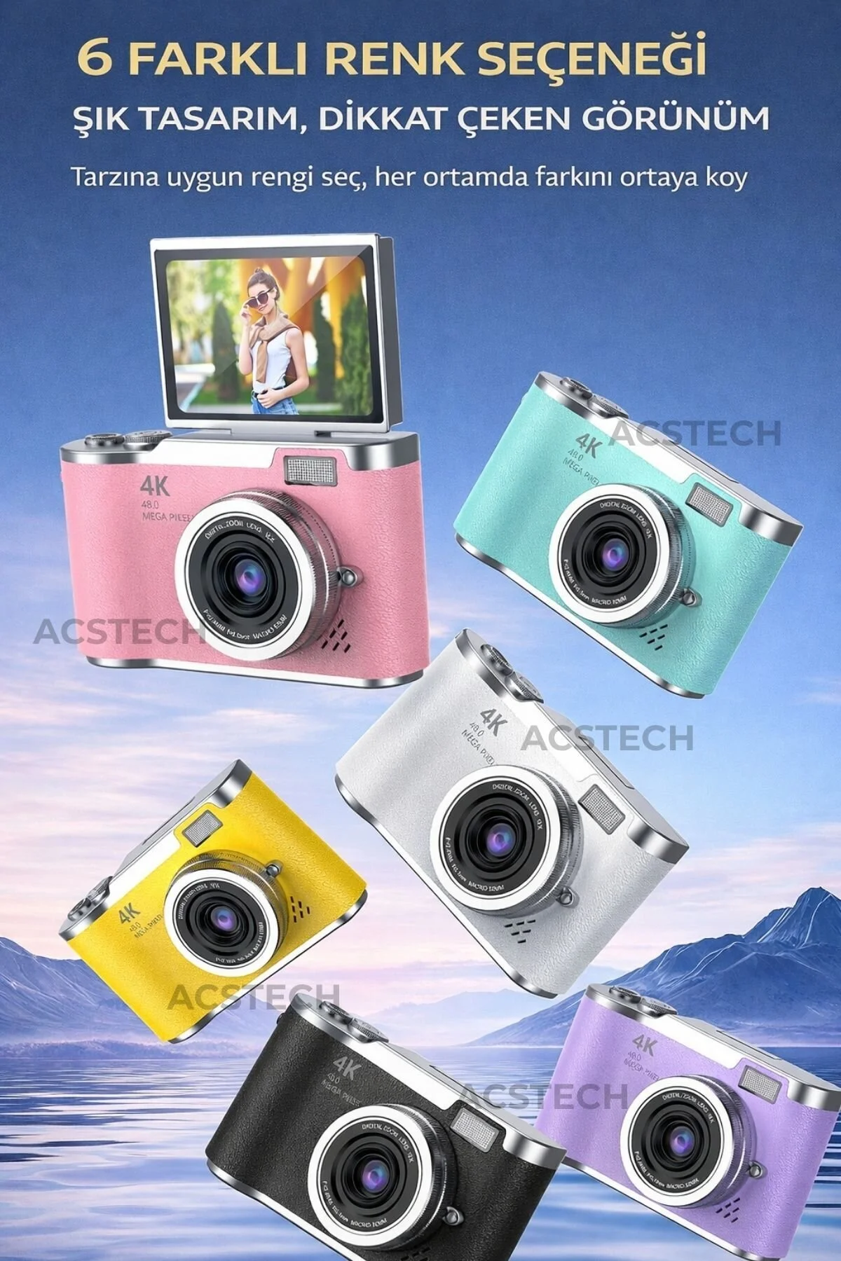 ACSTECH 4K Dijital Fotoğraf Makinesi 48MP Flip Ekran 18X Zoom Flaşlı 64GB Hediyeli Türkçe Menü