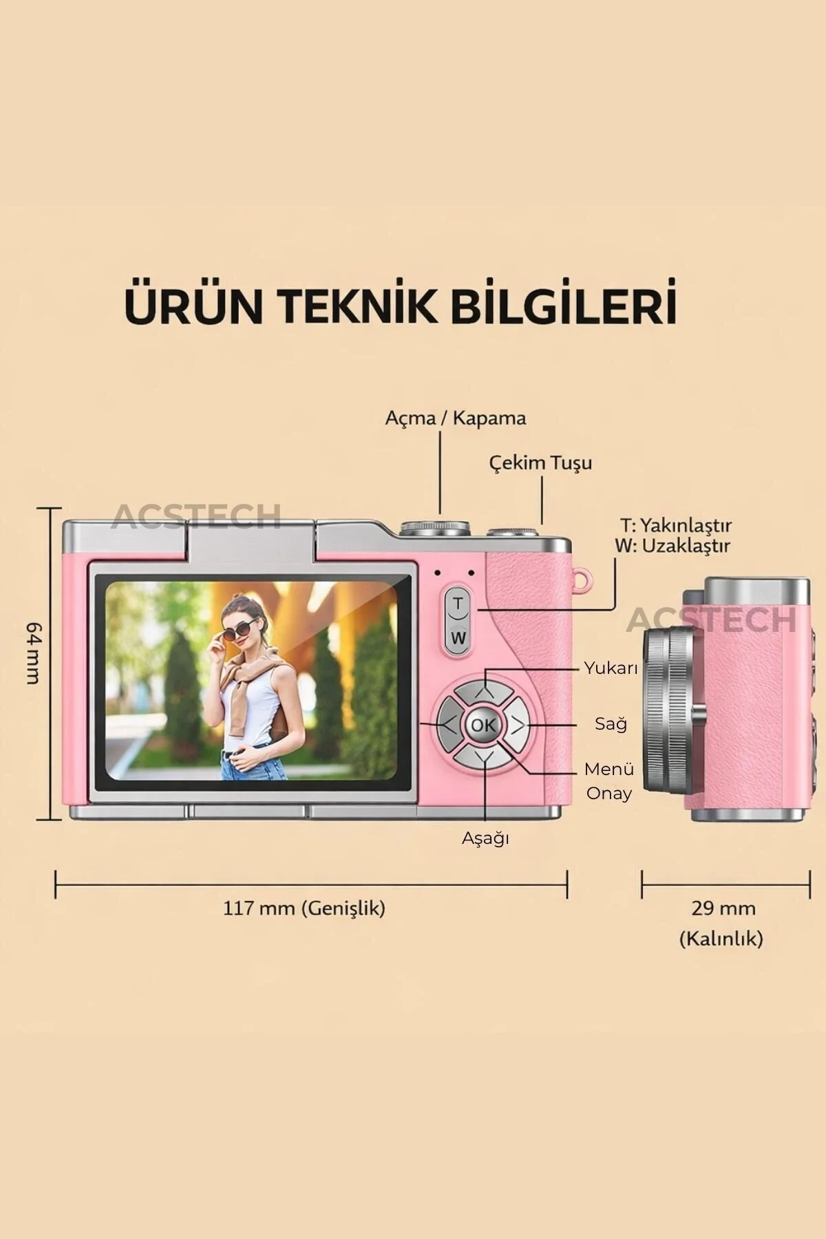 ACSTECH 4K Dijital Fotoğraf Makinesi 48MP Flip Ekran 18X Zoom Flaşlı 64GB Hediyeli Türkçe Menü