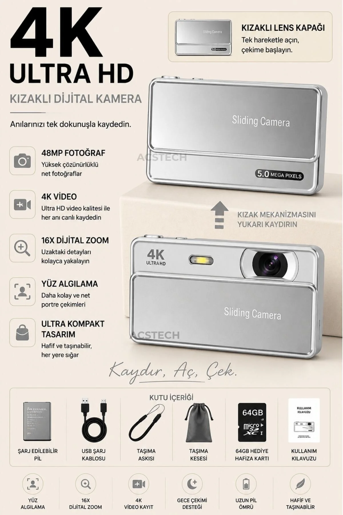 ACSTECH 4K Sliding Dijital Fotoğraf Makinesi | 16X Zoom | 2.8 İnç IPS Ekran | Kızaklı Lens Kapaklı | Type-C Şarj | Yüz Algılama | 64GB SD Kart Hediyeli