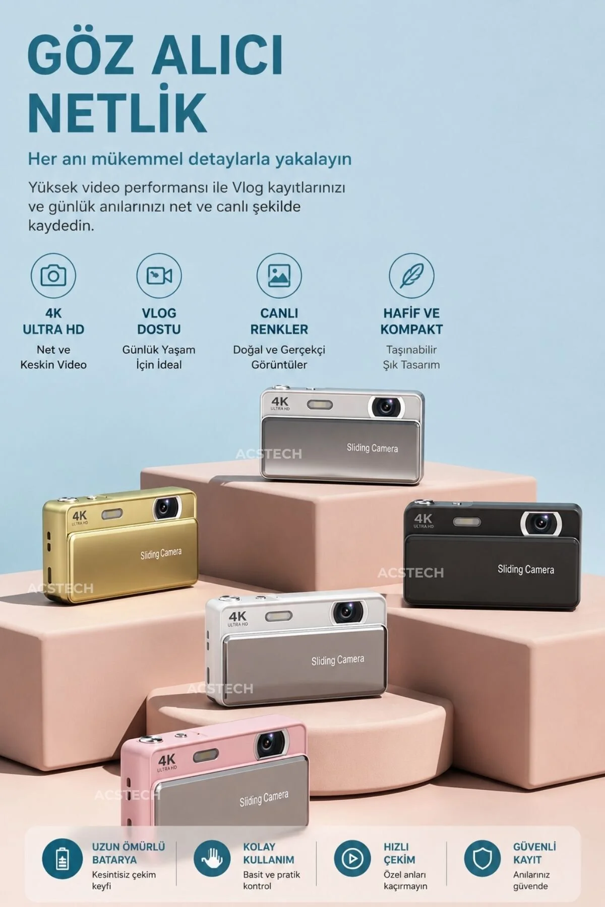ACSTECH 4K Sliding Dijital Fotoğraf Makinesi | 16X Zoom | 2.8 İnç IPS Ekran | Kızaklı Lens Kapaklı | Type-C Şarj | Yüz Algılama | 64GB SD Kart Hediyeli