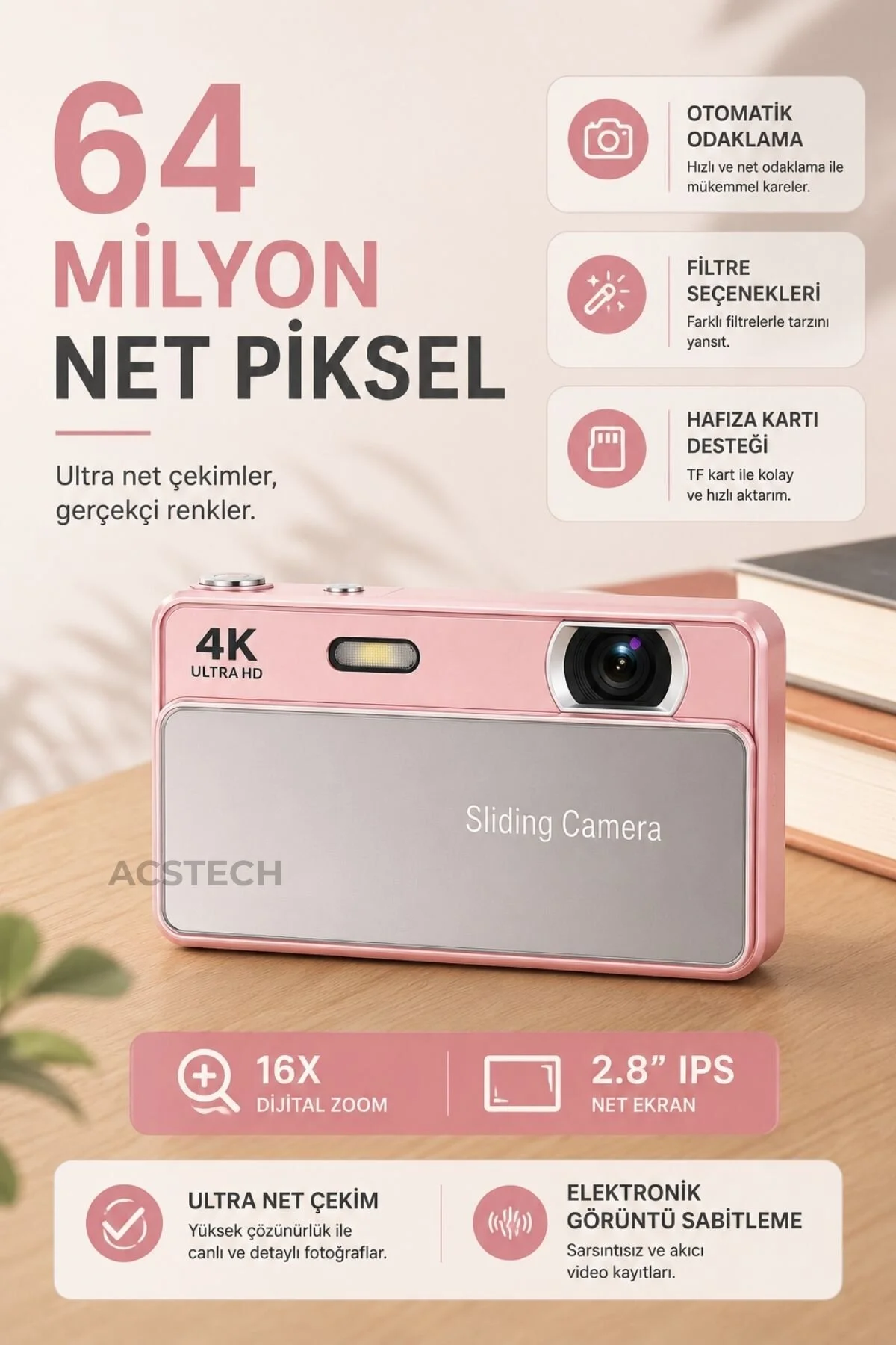 ACSTECH 4K Sliding Dijital Fotoğraf Makinesi | 16X Zoom | 2.8 İnç IPS Ekran | Kızaklı Lens Kapaklı | Type-C Şarj | Yüz Algılama | 64GB SD Kart Hediyeli