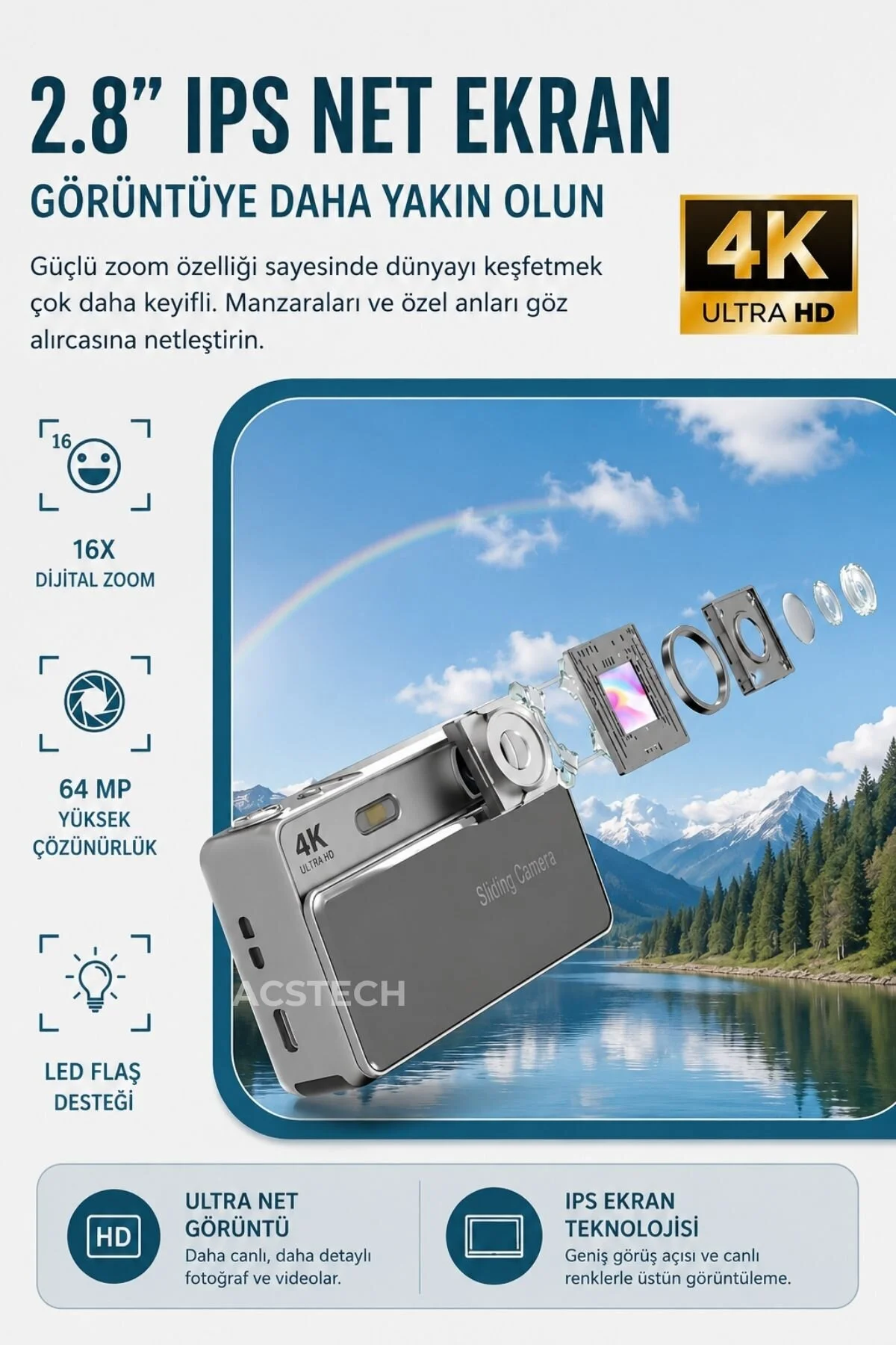 ACSTECH 4K Sliding Dijital Fotoğraf Makinesi | 16X Zoom | 2.8 İnç IPS Ekran | Kızaklı Lens Kapaklı | Type-C Şarj | Yüz Algılama | 64GB SD Kart Hediyeli