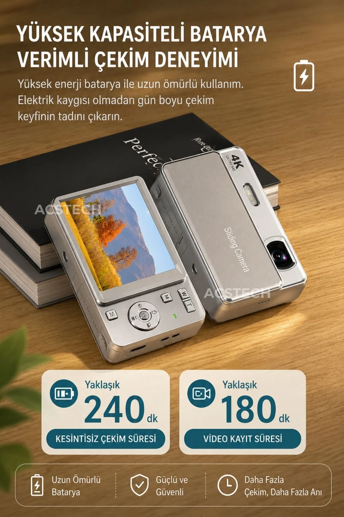 ACSTECH 4K Sliding Dijital Fotoğraf Makinesi | 16X Zoom | 2.8 İnç IPS Ekran | Kızaklı Lens Kapaklı | Type-C Şarj | Yüz Algılama | 64GB SD Kart Hediyeli