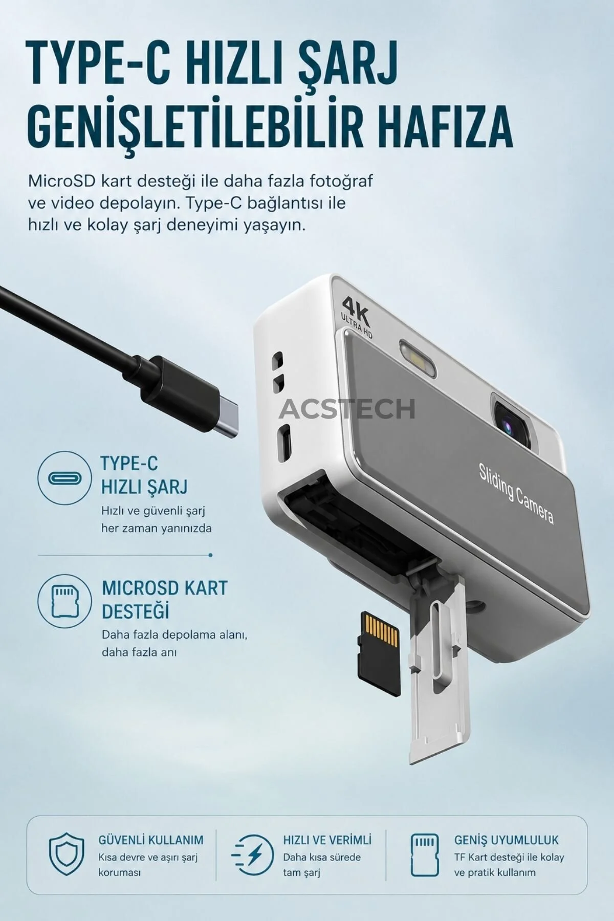 ACSTECH 4K Sliding Dijital Fotoğraf Makinesi | 16X Zoom | 2.8 İnç IPS Ekran | Kızaklı Lens Kapaklı | Type-C Şarj | Yüz Algılama | 64GB SD Kart Hediyeli