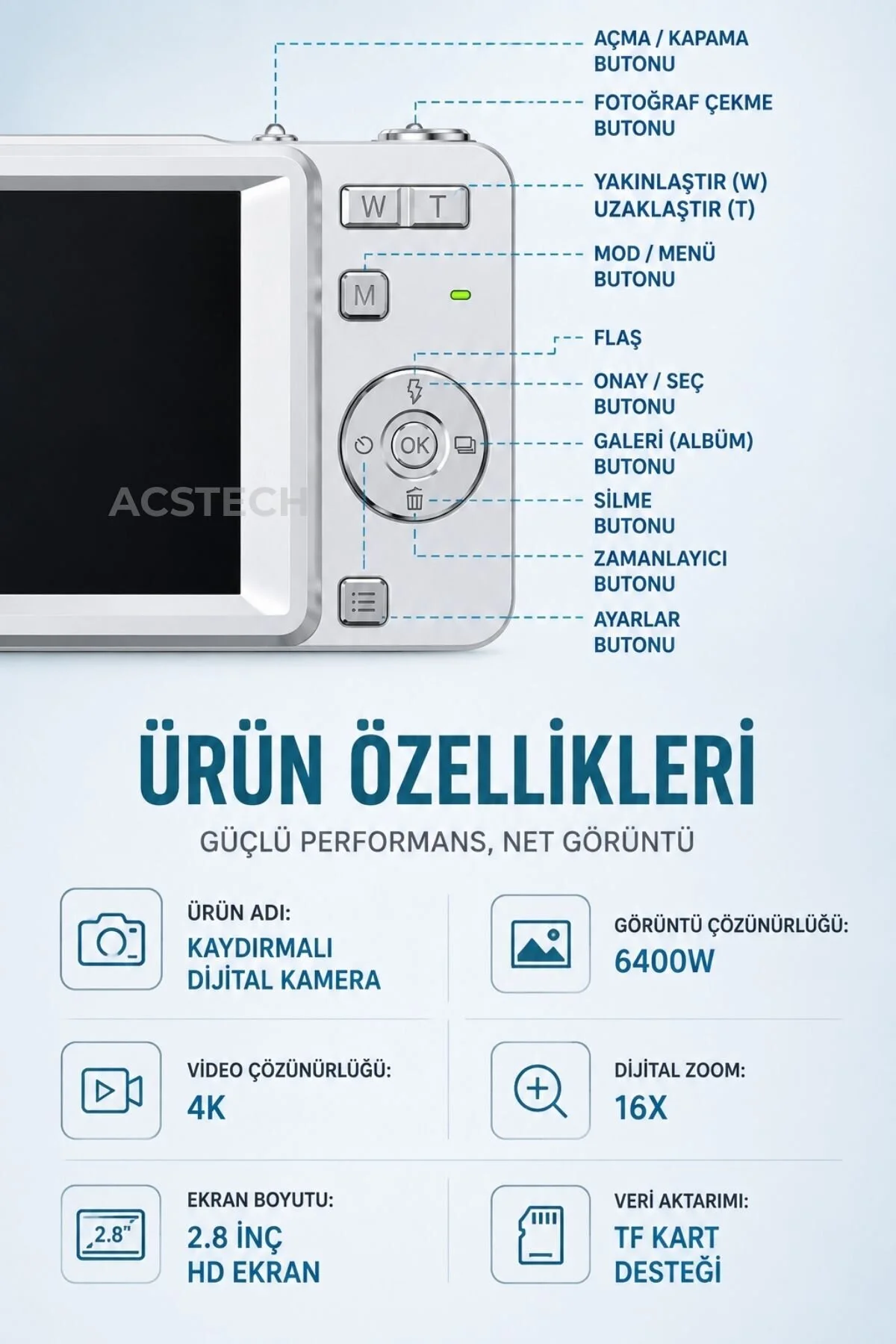 ACSTECH 4K Sliding Dijital Fotoğraf Makinesi | 16X Zoom | 2.8 İnç IPS Ekran | Kızaklı Lens Kapaklı | Type-C Şarj | Yüz Algılama | 64GB SD Kart Hediyeli