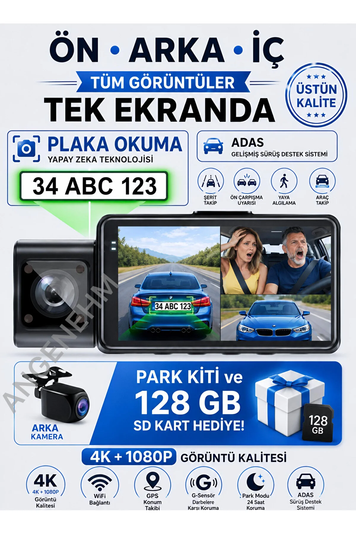 Angenehm Ön Arka İç Geniş Açı Net Görüntü 4K 1080P Full HD Araç İçi Dışı Kamera G Sensör Wifi GPS 3 Kamera
