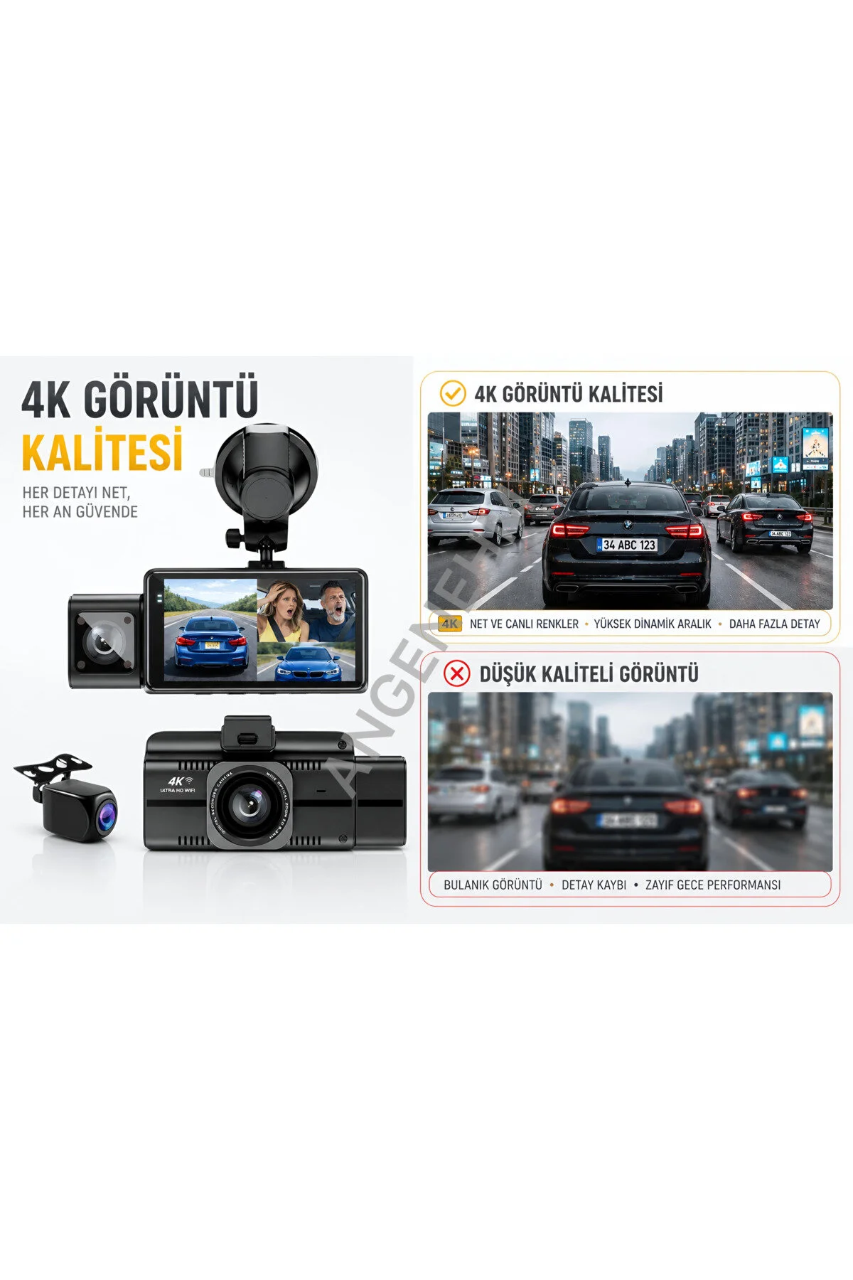 Angenehm Ön Arka İç Geniş Açı Net Görüntü 4K 1080P Full HD Araç İçi Dışı Kamera G Sensör Wifi GPS 3 Kamera