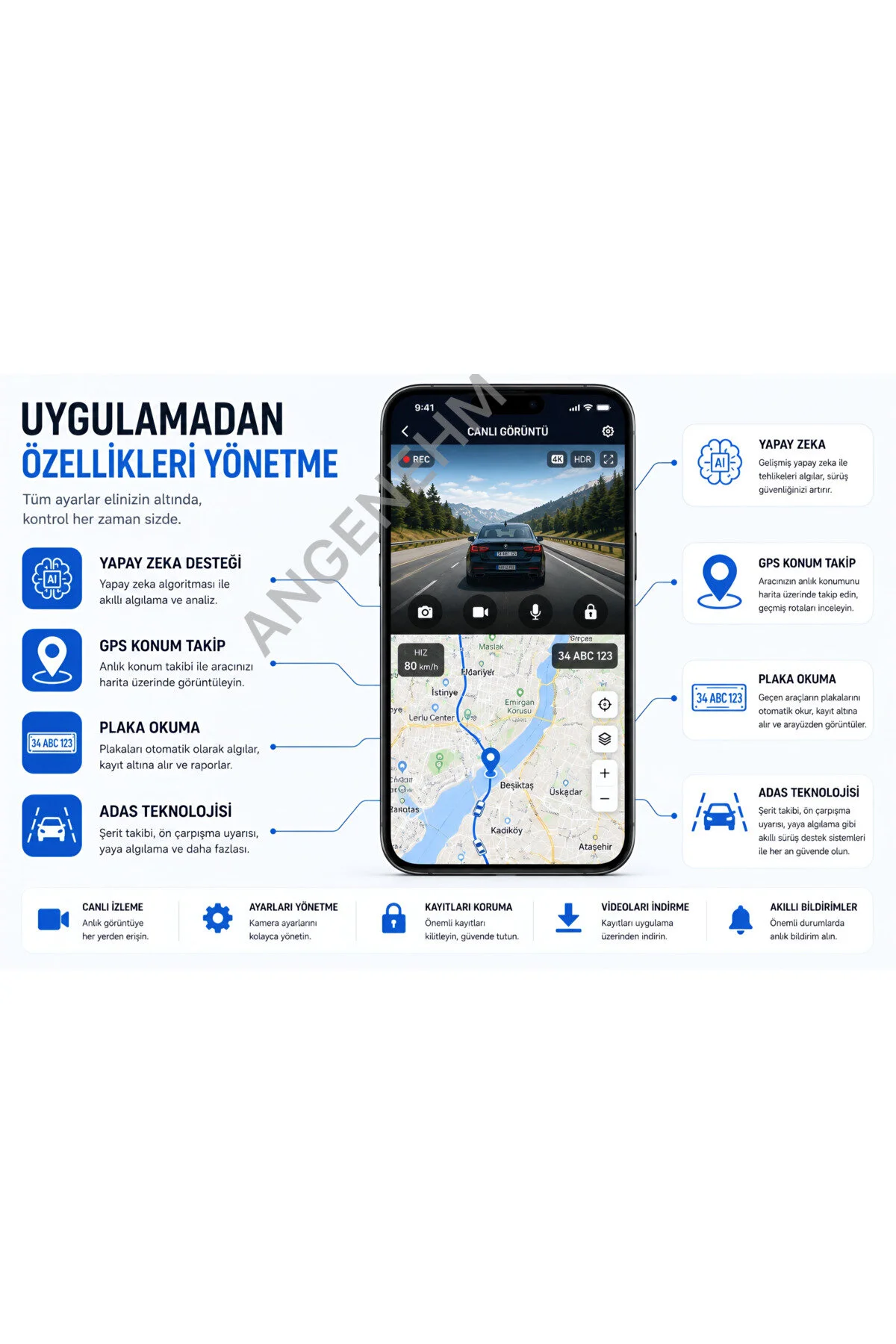 Angenehm Ön Arka İç Geniş Açı Net Görüntü 4K 1080P Full HD Araç İçi Dışı Kamera G Sensör Wifi GPS 3 Kamera