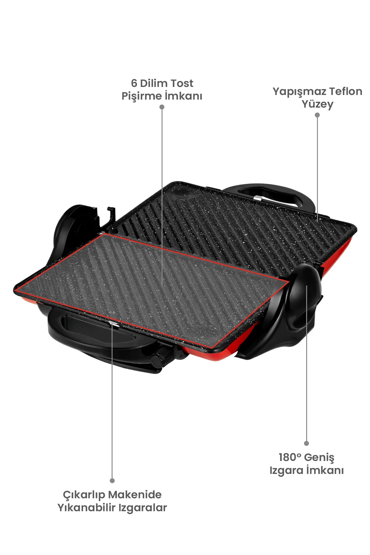 AWOX Orion Tost Ve Izgara Makinesi 180° Açılabilir 1800w Kırmızı