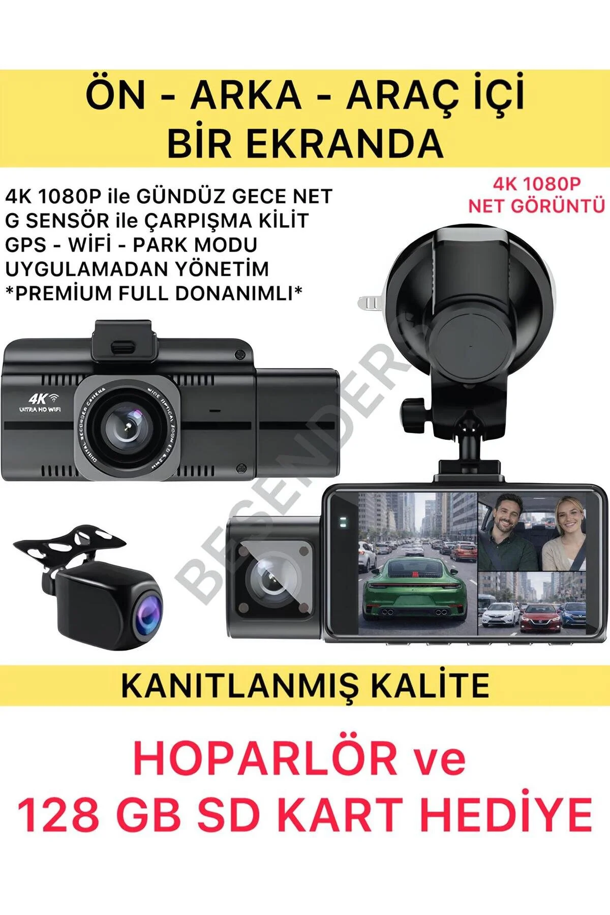 Besenders F6 4K 1080P Full HD 3 Kameralı GPS Wifi G Sensör Gece Görüşlü Ön Arka İç Kayıt Araç İçi Dışı Kamera