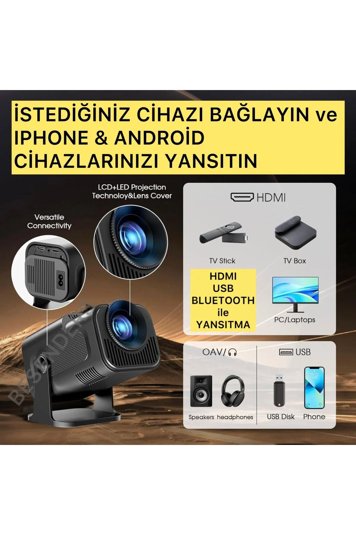 Besenders HY320 MİNİ PROMAX YeniVersiyon Taşınabilir Projeksiyon Android Wifi BT AkıllıSinemaProjektör
