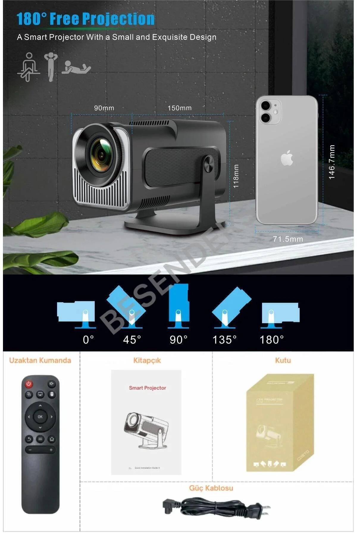 Besenders HY320 MİNİ PROMAX YeniVersiyon Taşınabilir Projeksiyon Android Wifi BT AkıllıSinemaProjektör