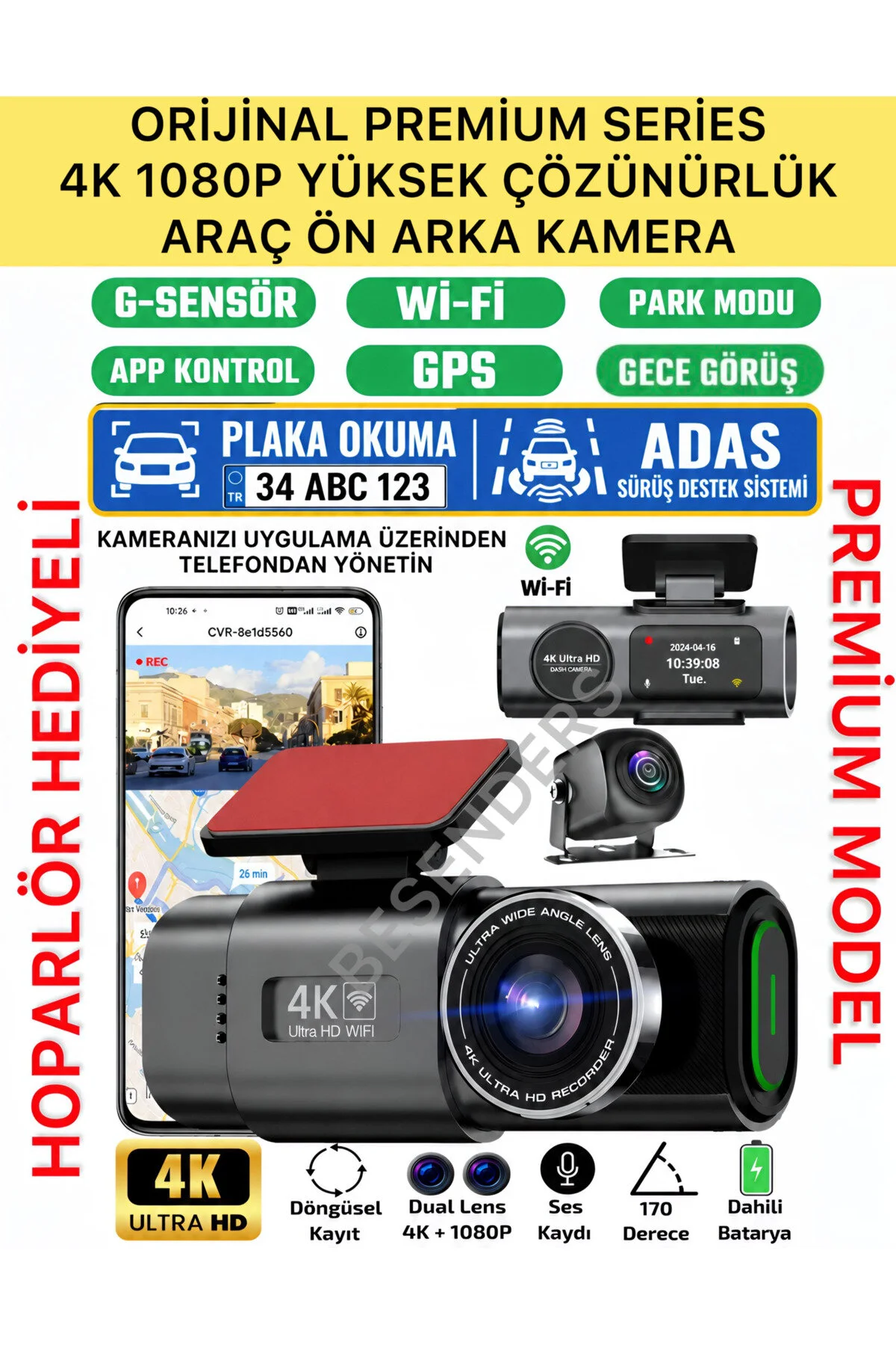 Besenders L308 4K 1080P Full HD Çift Kamera GPS Wifi G Sensör Gece Görüş Ön Arka İç Kayıt Araç İçi Dışı Kamera