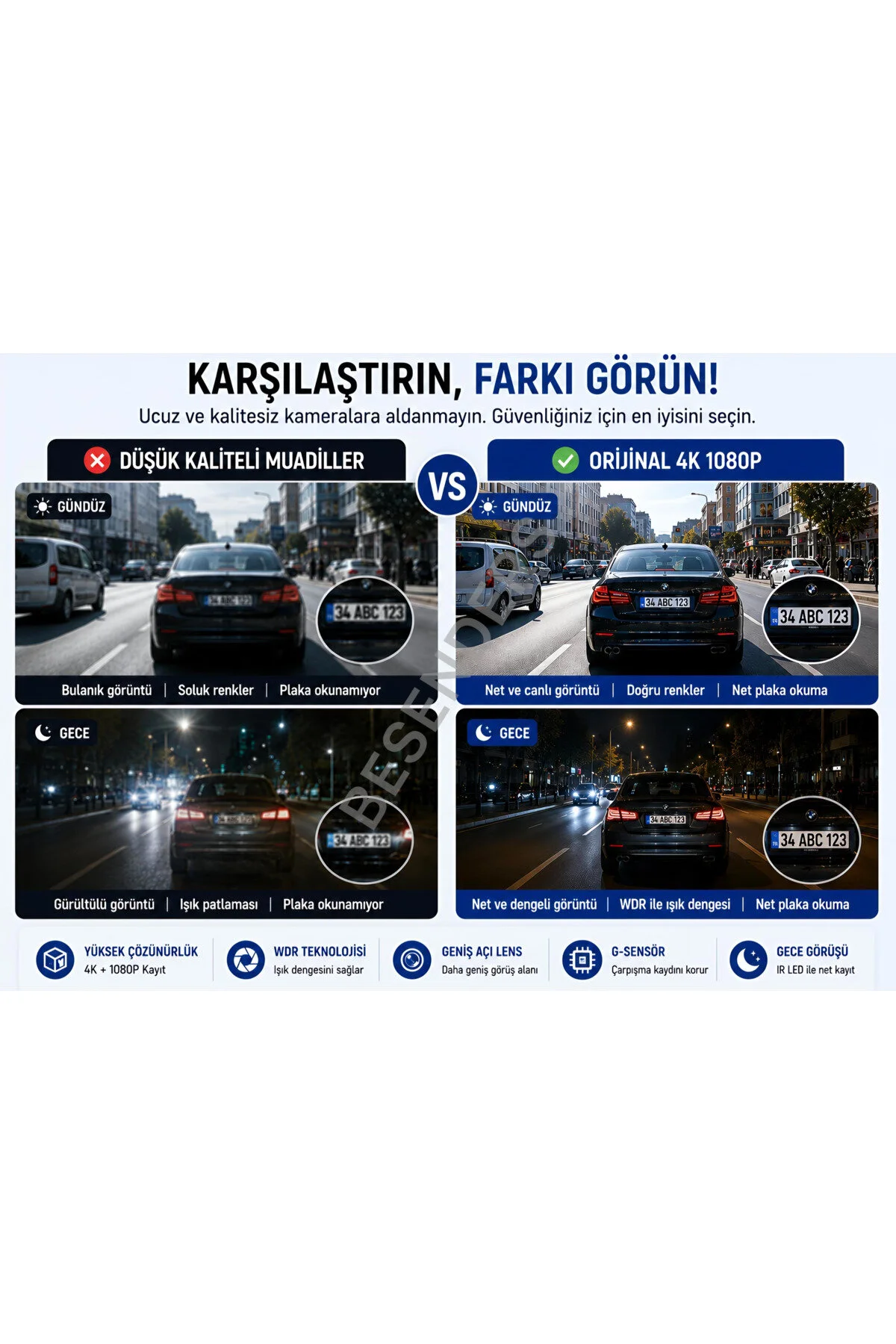 Besenders L308 4K 1080P Full HD Çift Kamera GPS Wifi G Sensör Gece Görüş Ön Arka İç Kayıt Araç İçi Dışı Kamera