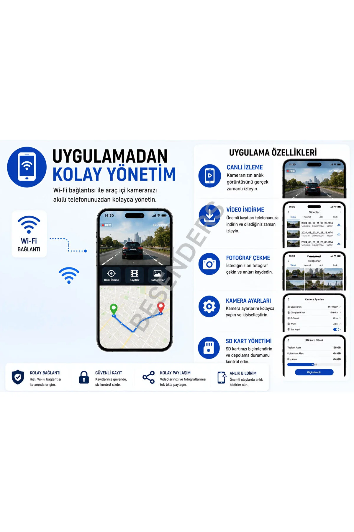 Besenders L308 4K 1080P Full HD Çift Kamera GPS Wifi G Sensör Gece Görüş Ön Arka İç Kayıt Araç İçi Dışı Kamera