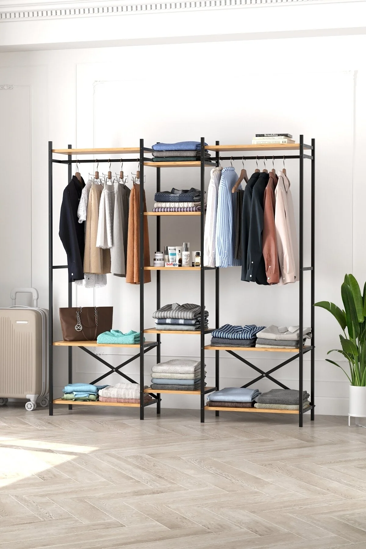 Bofigo 10 Raflı Metal Gardırop Metal Portmanto Açık Gardırop Elbise Dolabı Vestiyer Openix Çam